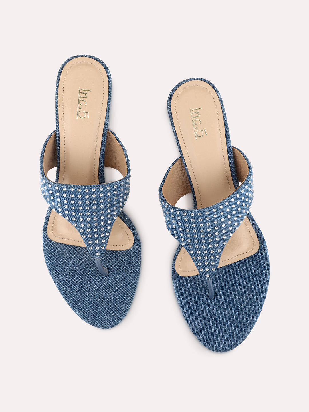 Womens Navy Party Wear Embellished Round Toe Kitten Heel Sandals