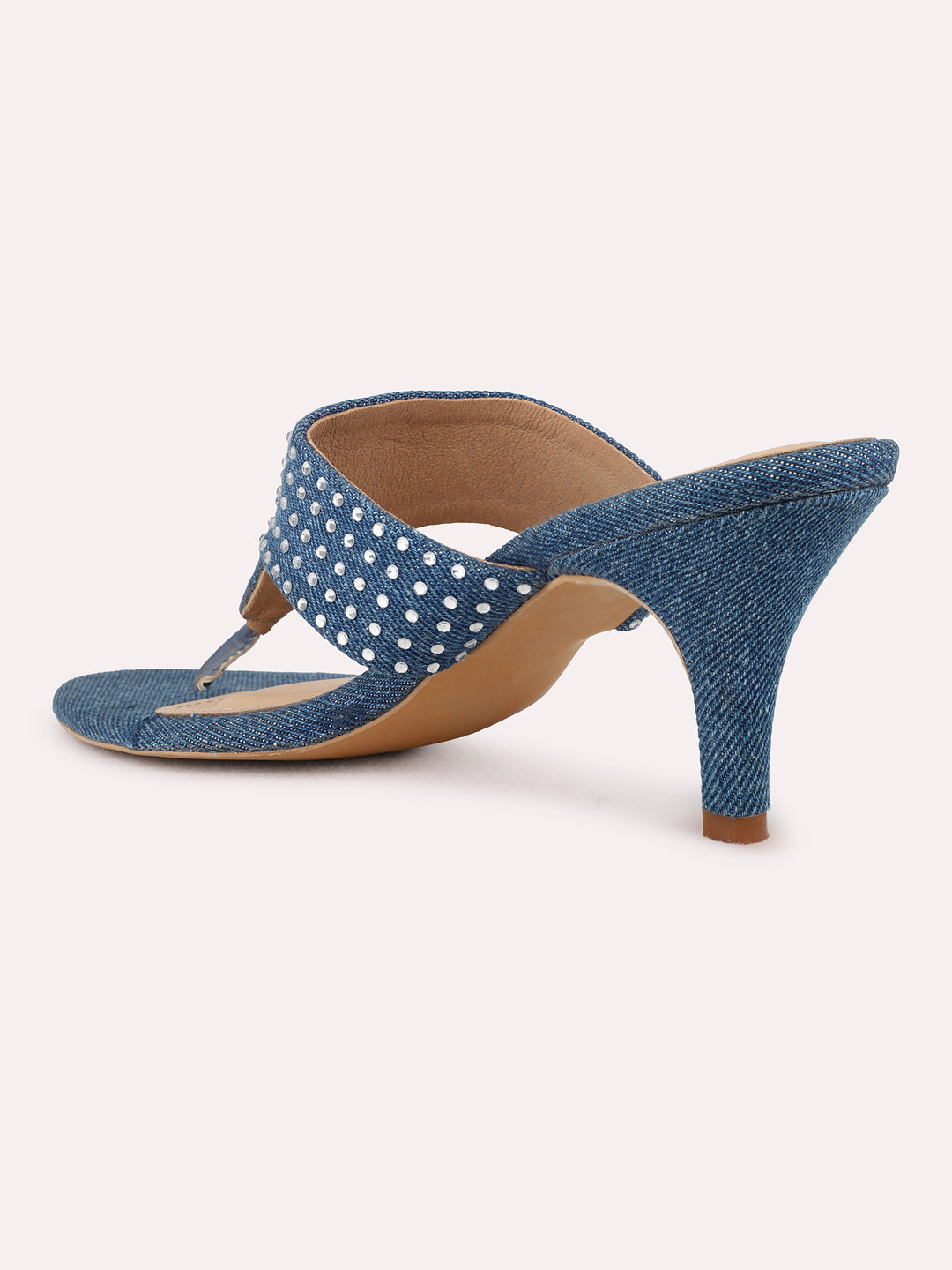 Womens Navy Party Wear Embellished Round Toe Kitten Heel Sandals