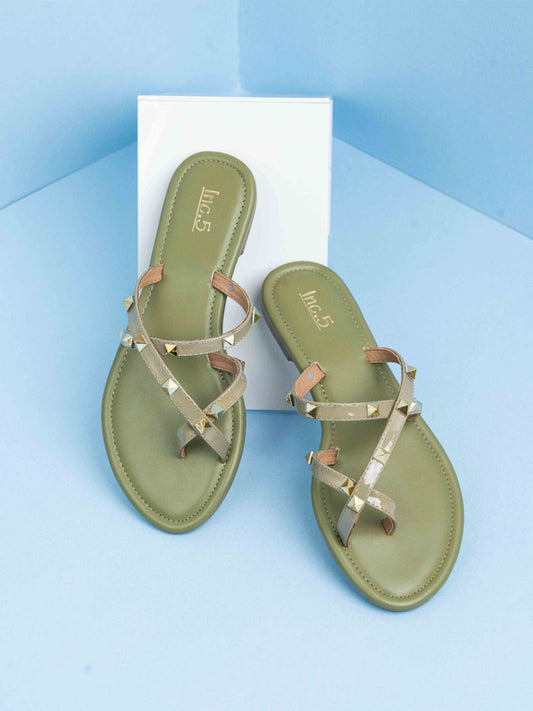 Womens Green Casual Strappy Open Toe Flats