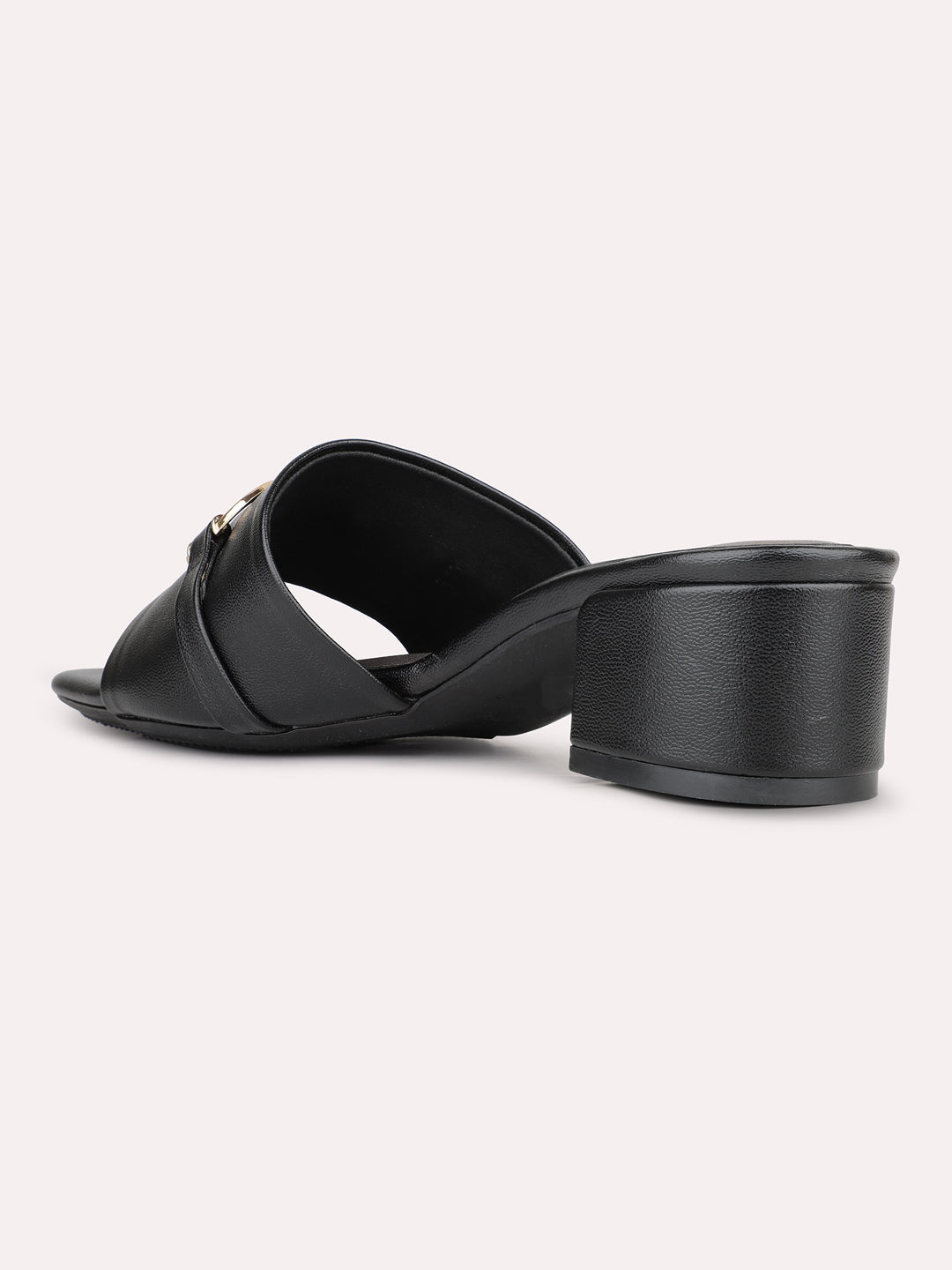 Womens Black Solid Round Toe Party Wear Block Heels Sandals