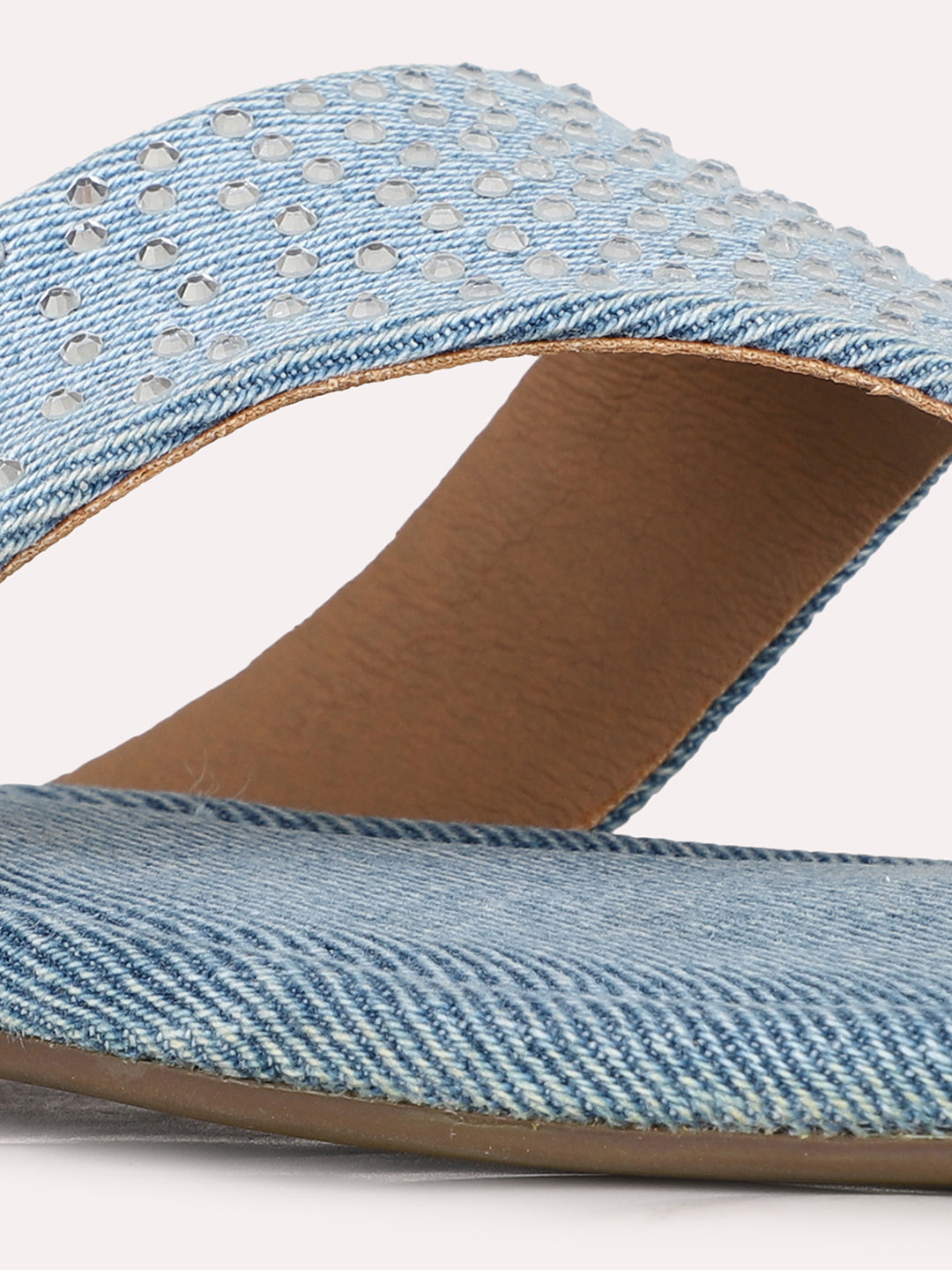 Womens Blue Casual Printed Toe T-Strap Slip-On Flat Sandals