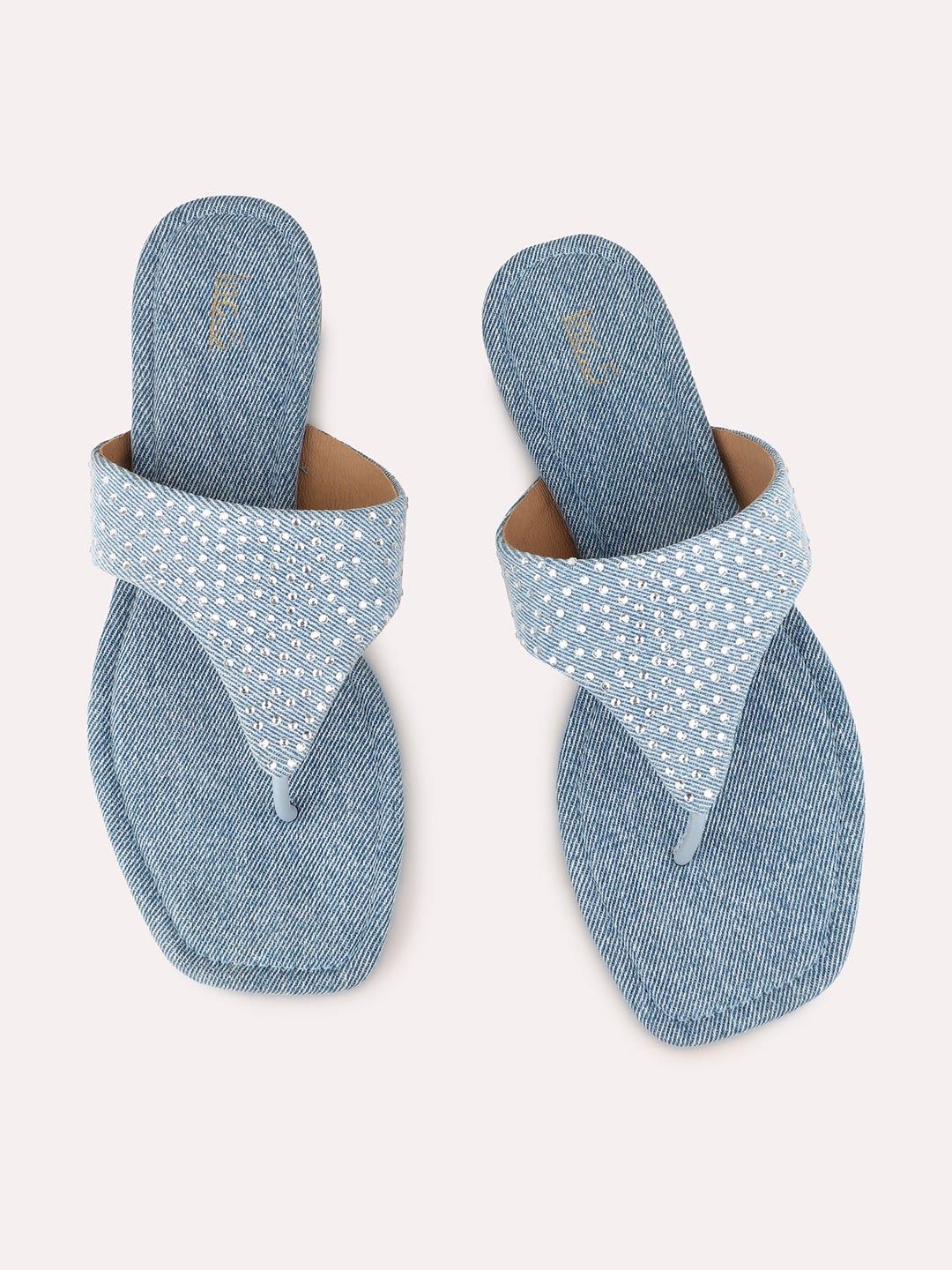 Womens Blue Casual Printed Toe T-Strap Slip-On Flat Sandals