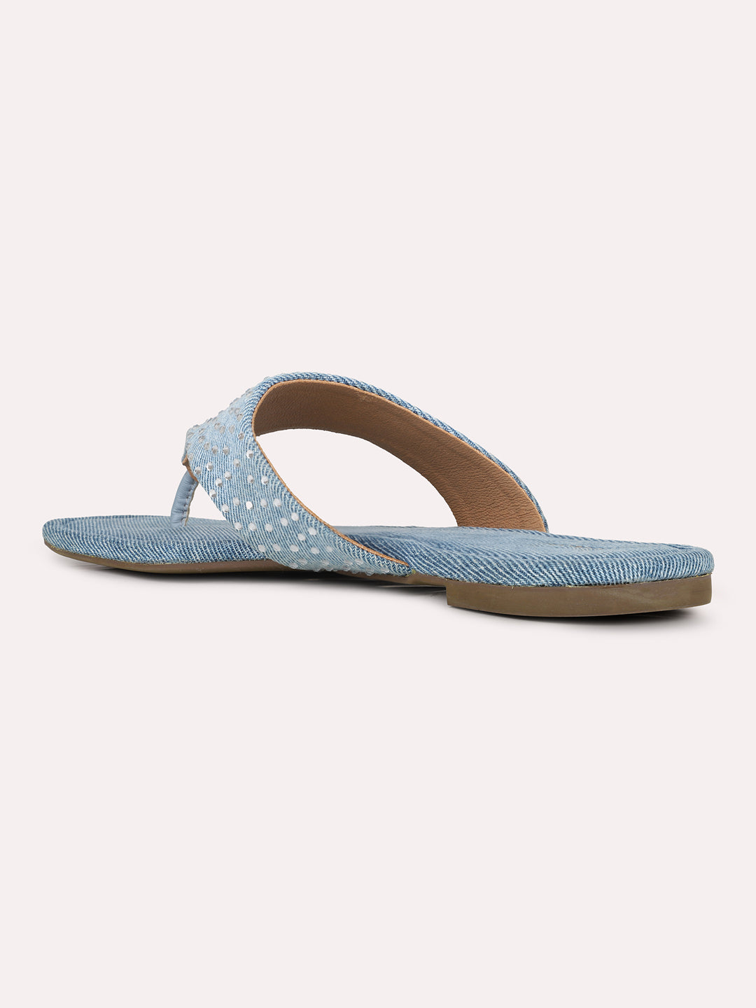 Womens Blue Casual Printed Toe T-Strap Slip-On Flat Sandals