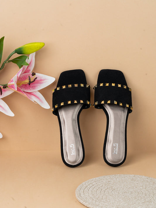 Womens Black Solid Square Toe Casual Flat Slip-on Sandals