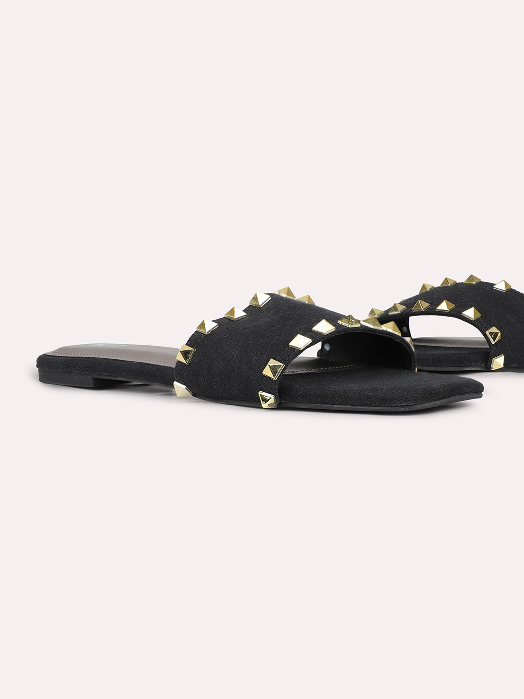 Womens Black Solid Square Toe Casual Flat Slip-on Sandals