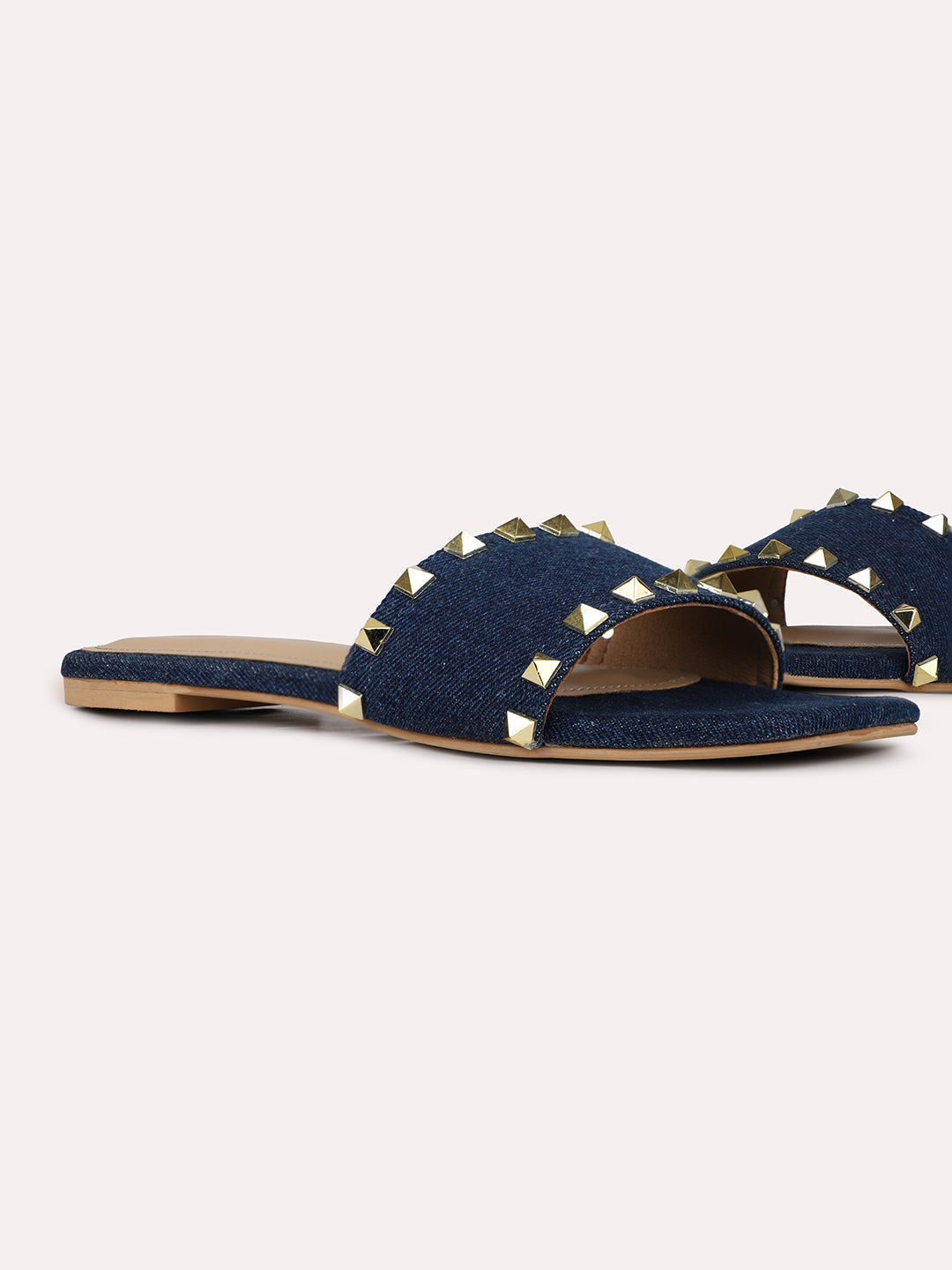 Womens Navy Solid Square Toe Casual Flat Slip-on Sandals