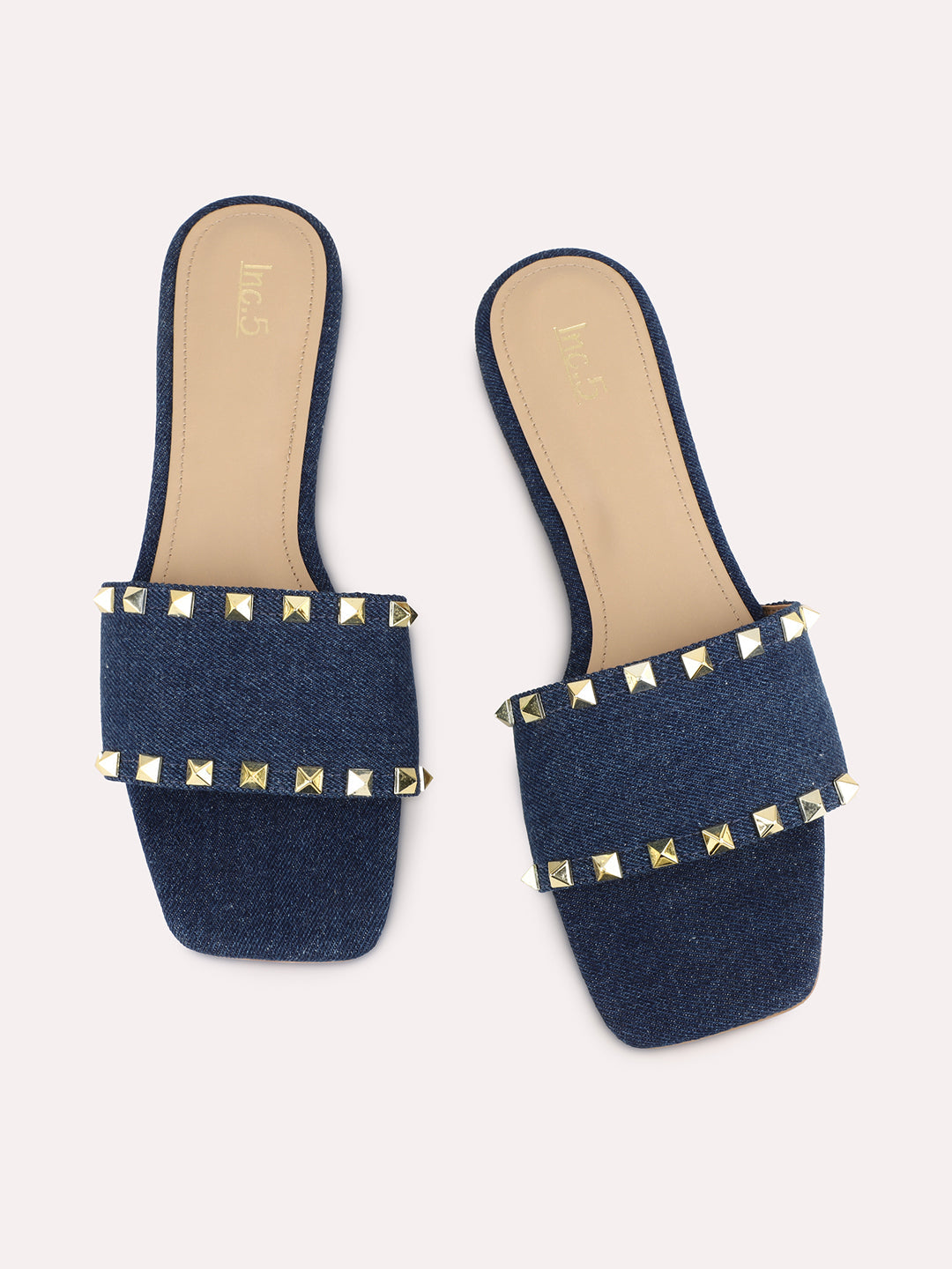 Womens Navy Solid Square Toe Casual Flat Slip-on Sandals