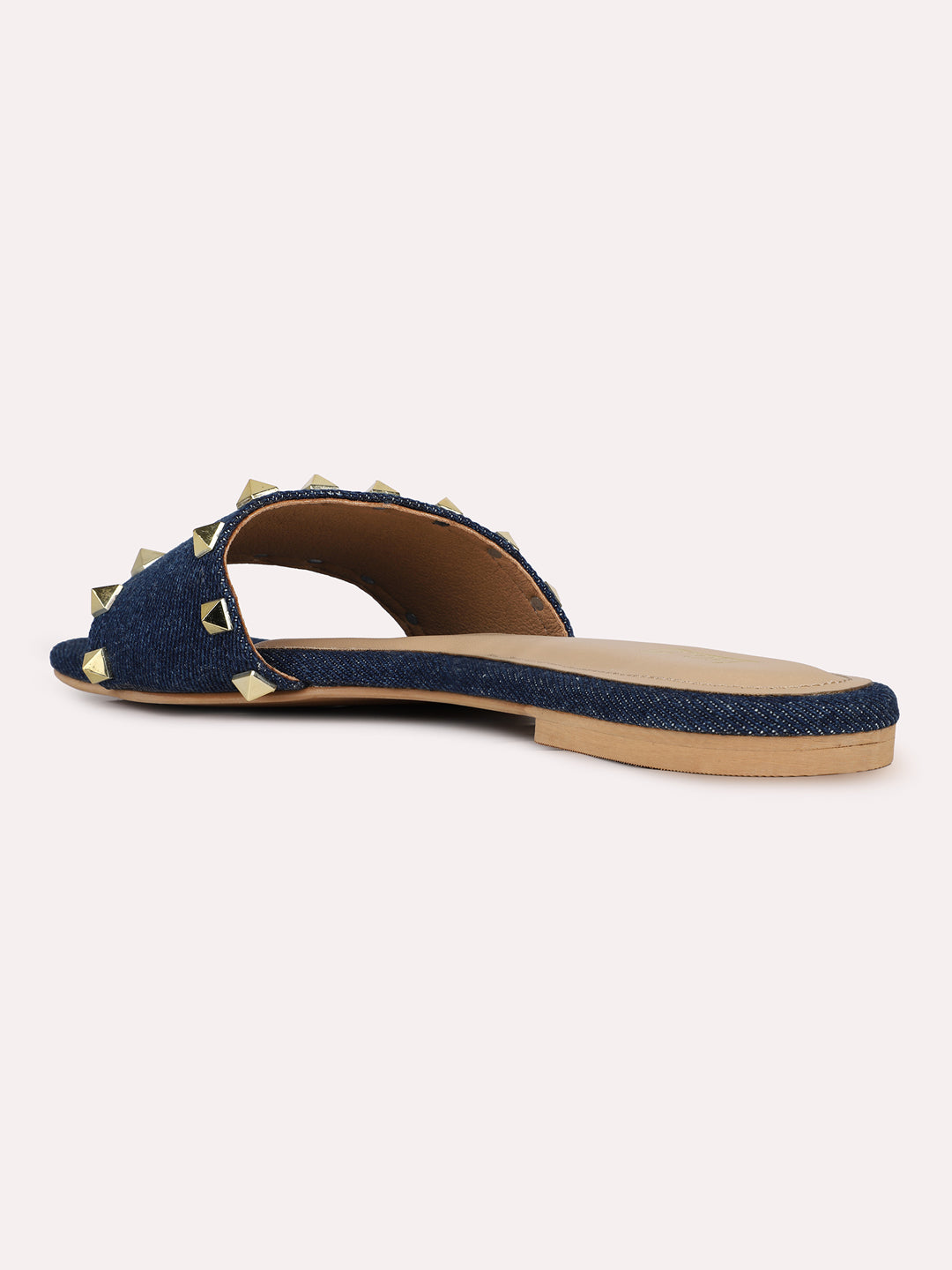 Womens Navy Solid Square Toe Casual Flat Slip-on Sandals