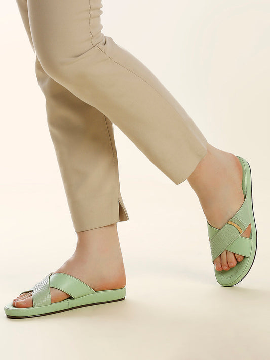 Womens Green Casual Open toe Flat Mules