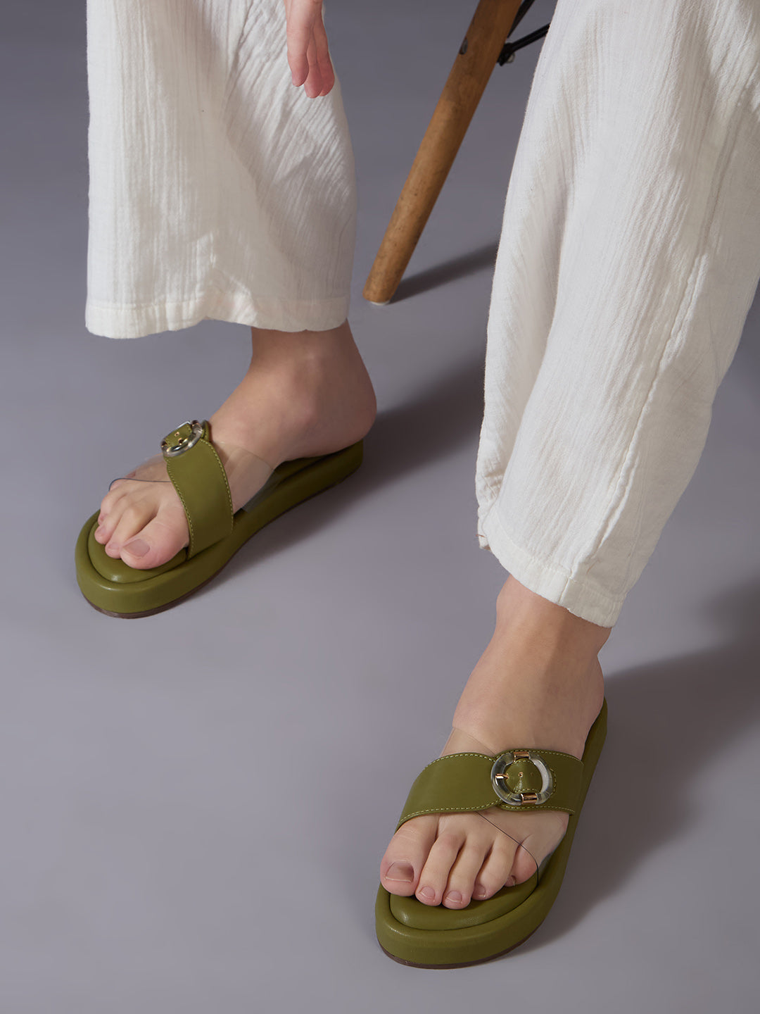 Womens Green Casual Transparent Round Toe Casual Flats