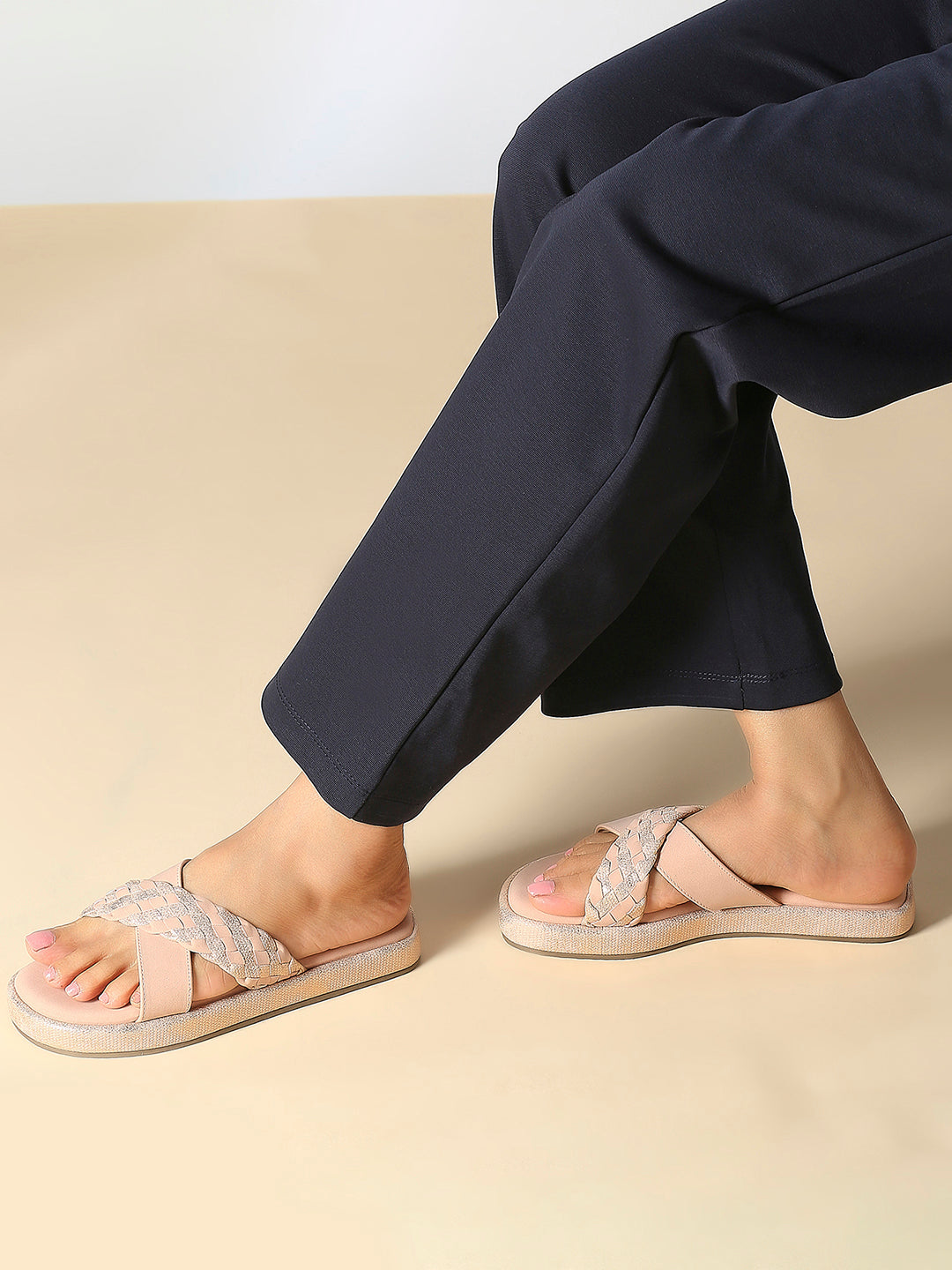 Womens Peach Casual Embellished Open toe Flat Mules