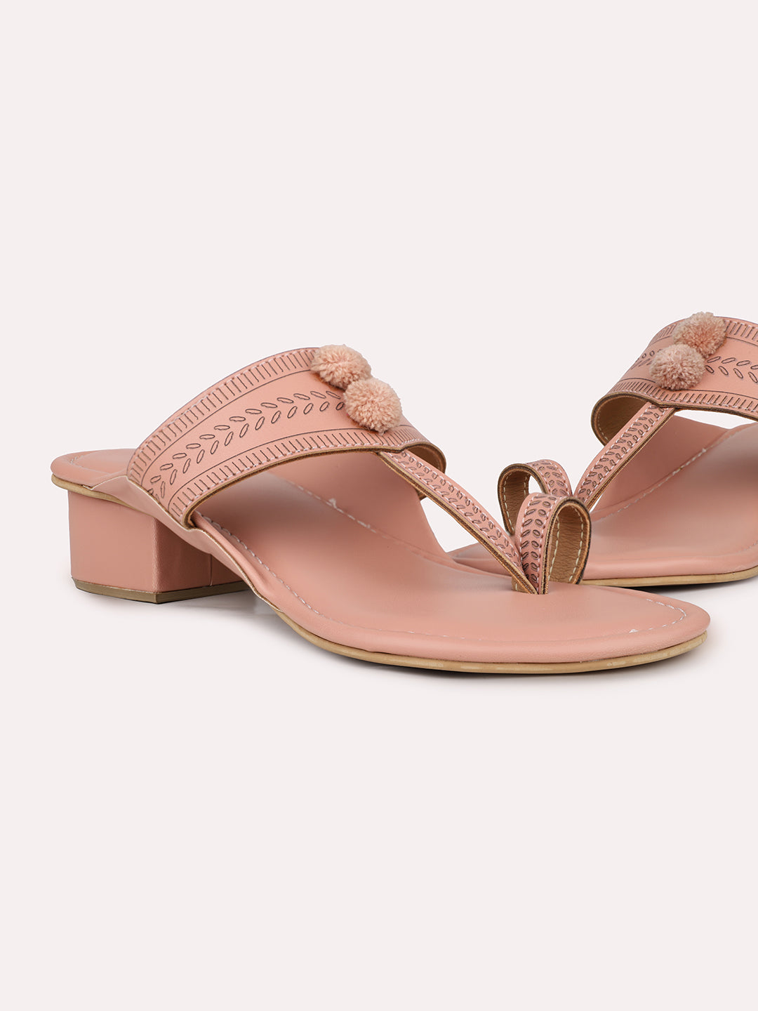 Womens Peach Ethnic Thong Block Heel Sandals