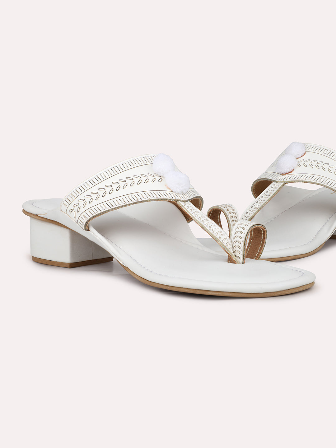 Womens White Ethnic Thong Block Heel Sandals