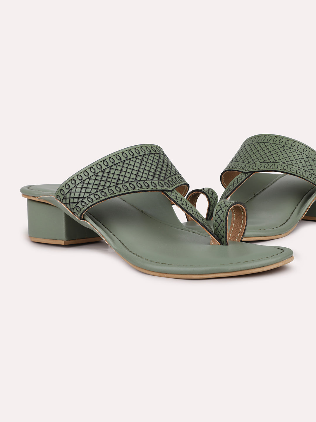 Womens Green Ethnic Thong Block Heel Sandals