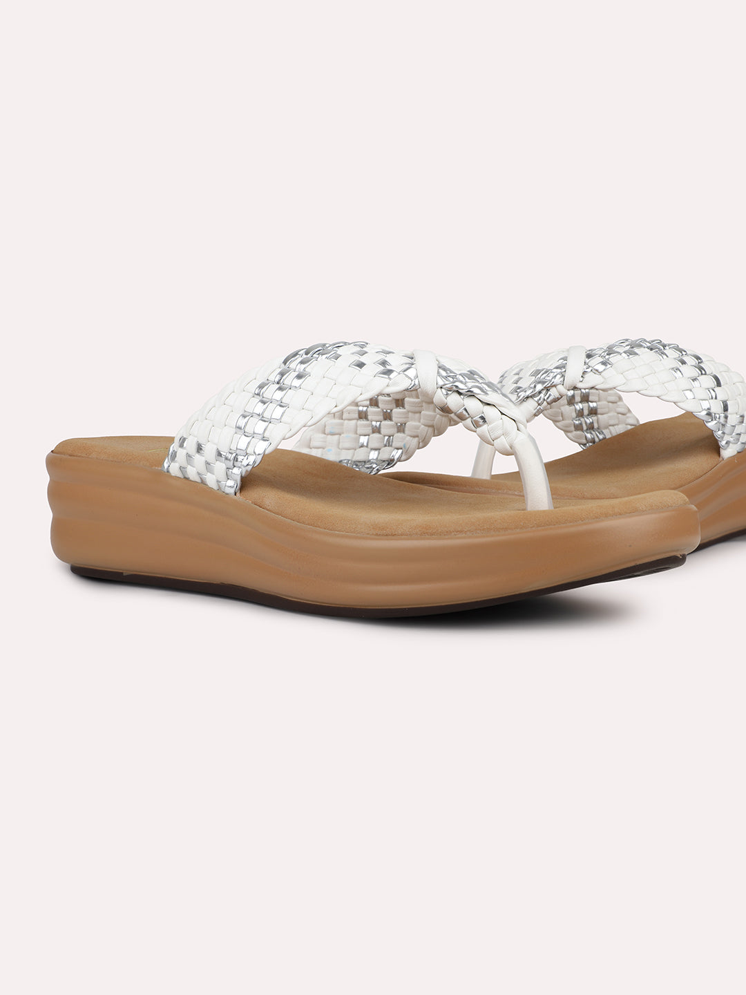 Womens White Casual Round Toe V strap Sandals