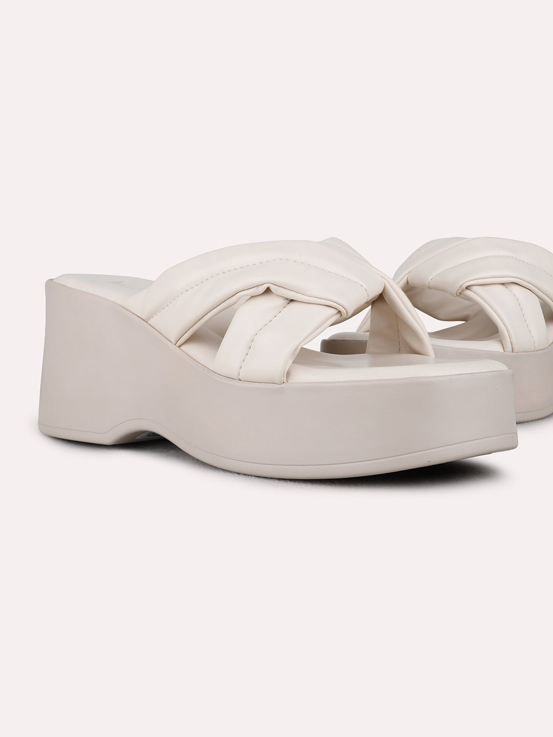 Womens Cream Party Wear Solid Round Toe Platform Heels