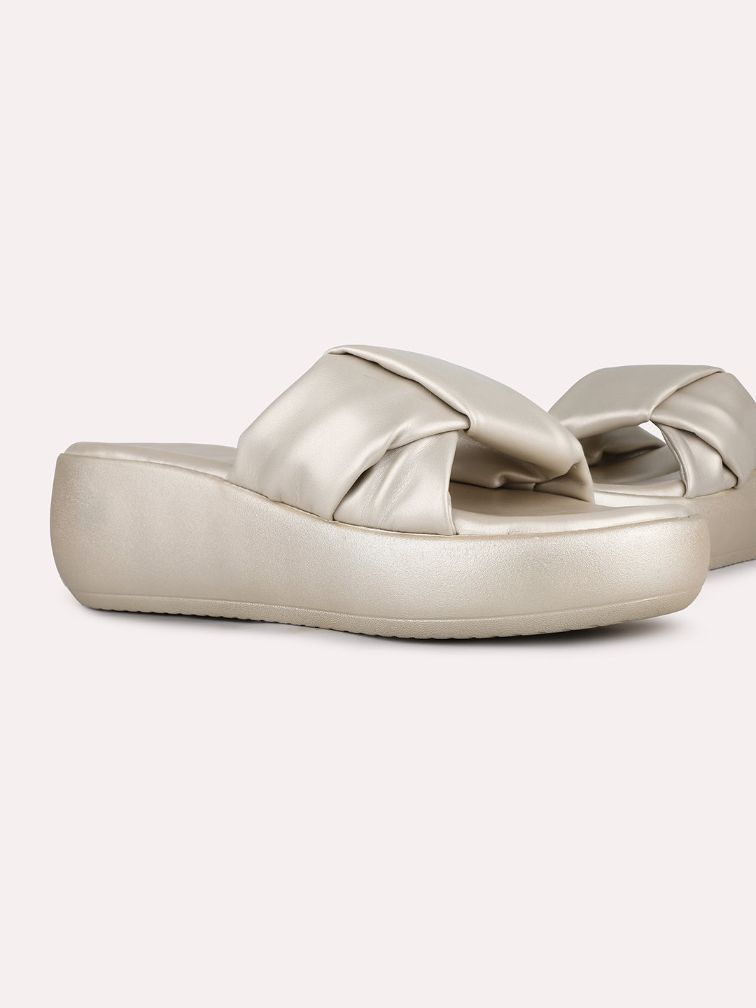 Women Golden Party Wear Solid Pattern Round Toe Wedge Heels