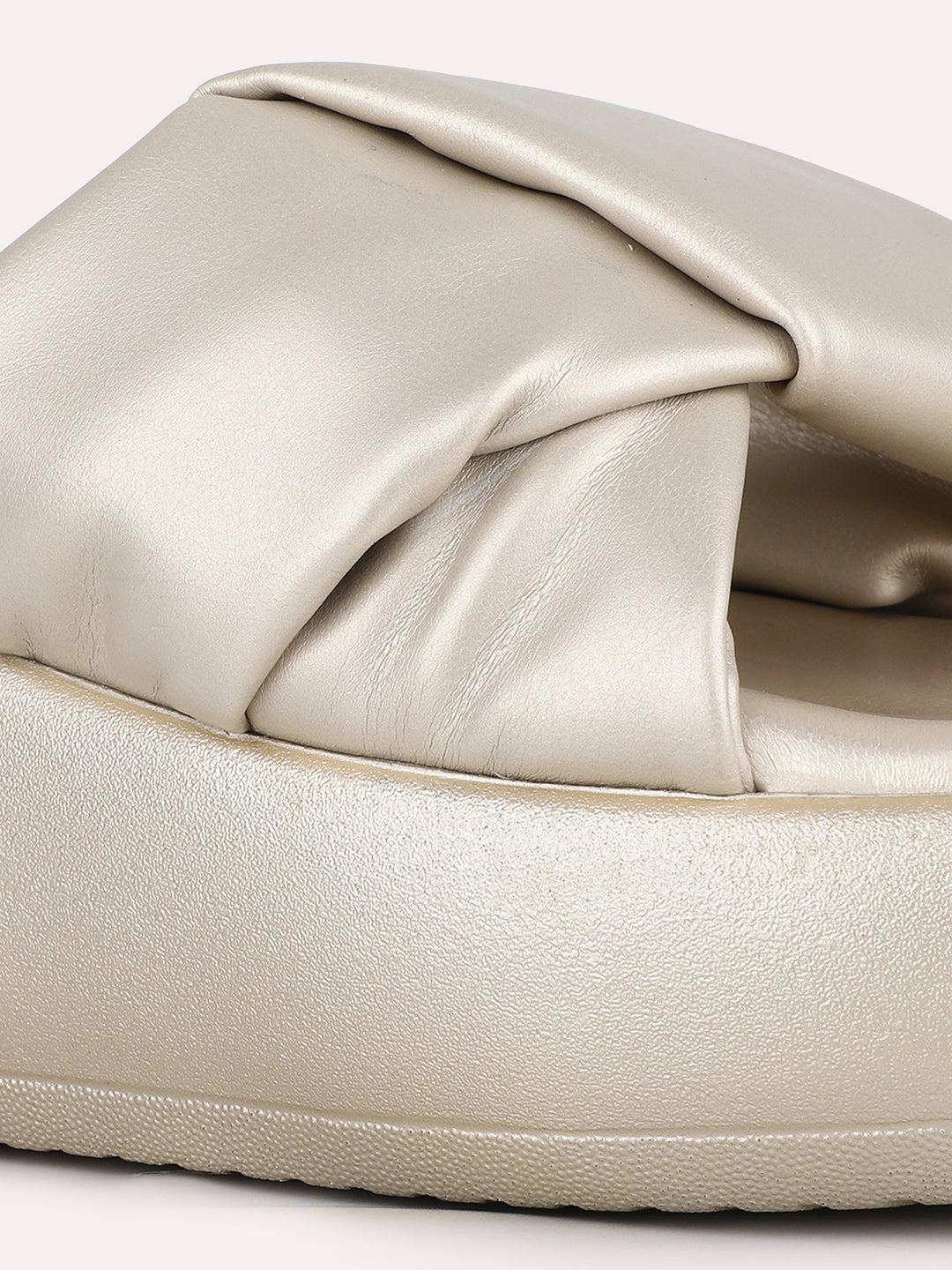 Women Golden Party Wear Solid Pattern Round Toe Wedge Heels