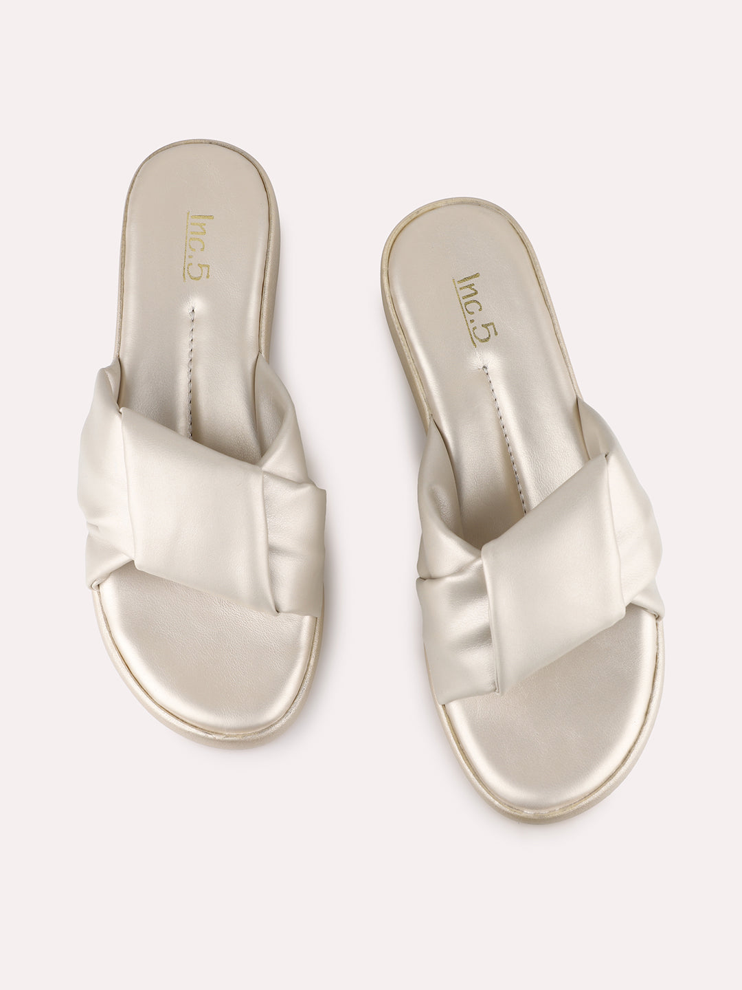 Women Golden Party Wear Solid Pattern Round Toe Wedge Heels