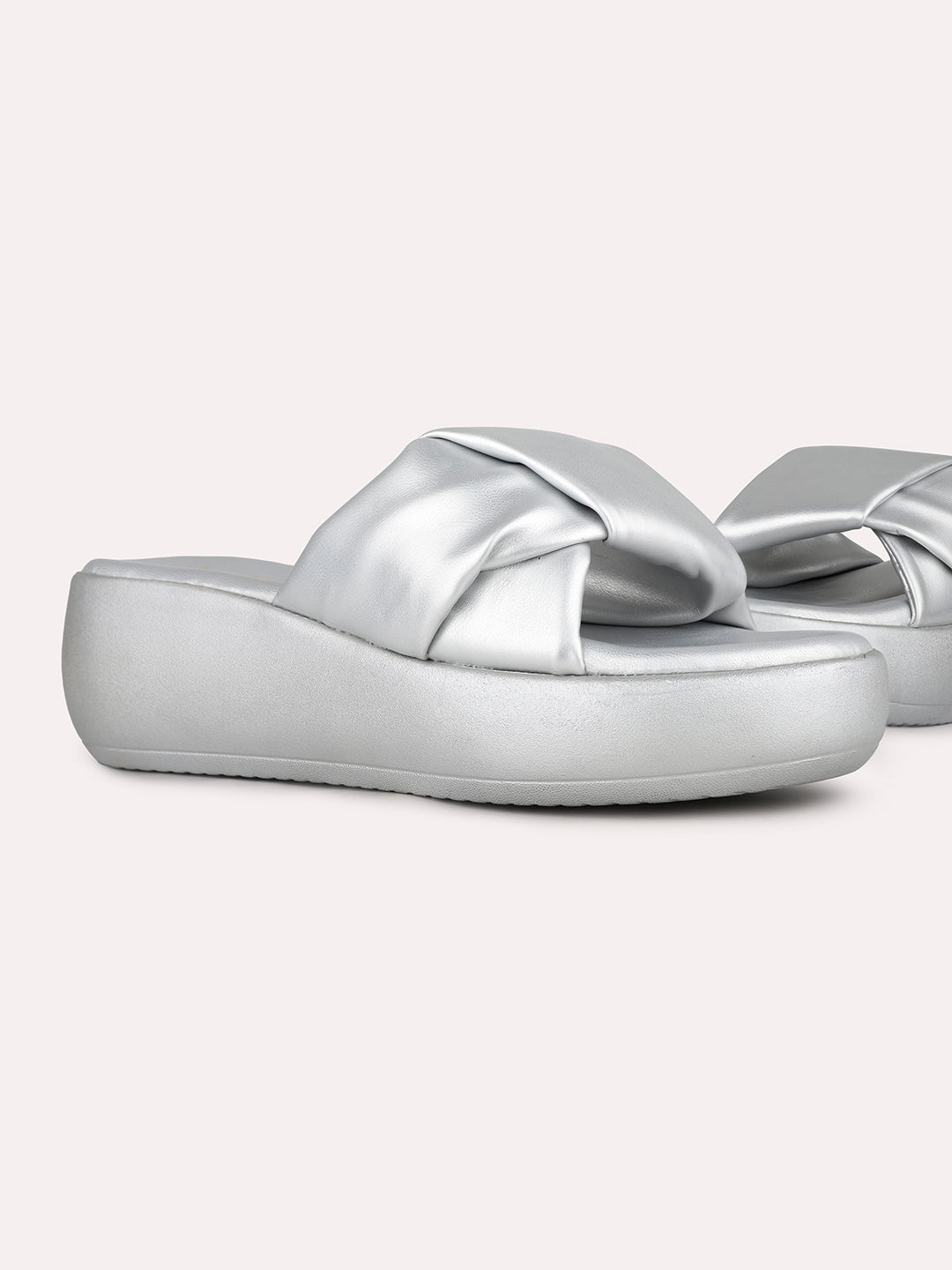 Women Silver Party Wear Solid Round Toe Wedge Heel Sandals