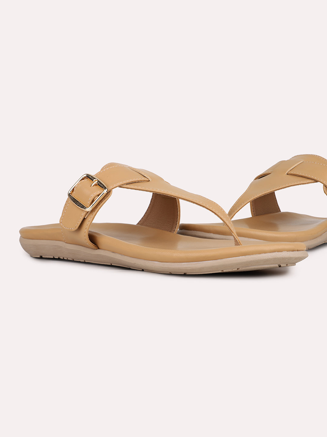 Womens Beige Solid Round Toe Casual Flat Slip-on Sandals