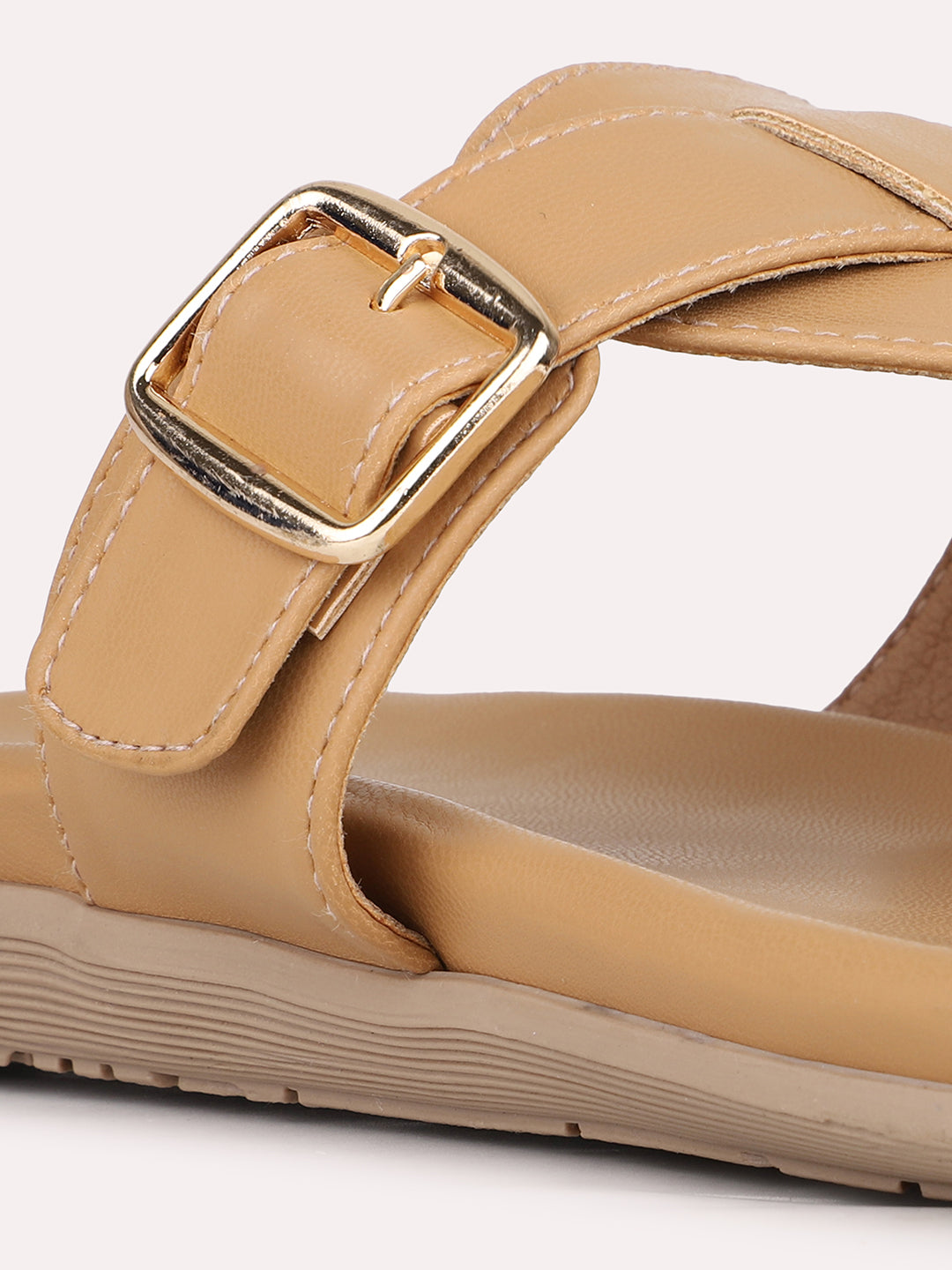 Womens Beige Solid Round Toe Casual Flat Slip-on Sandals