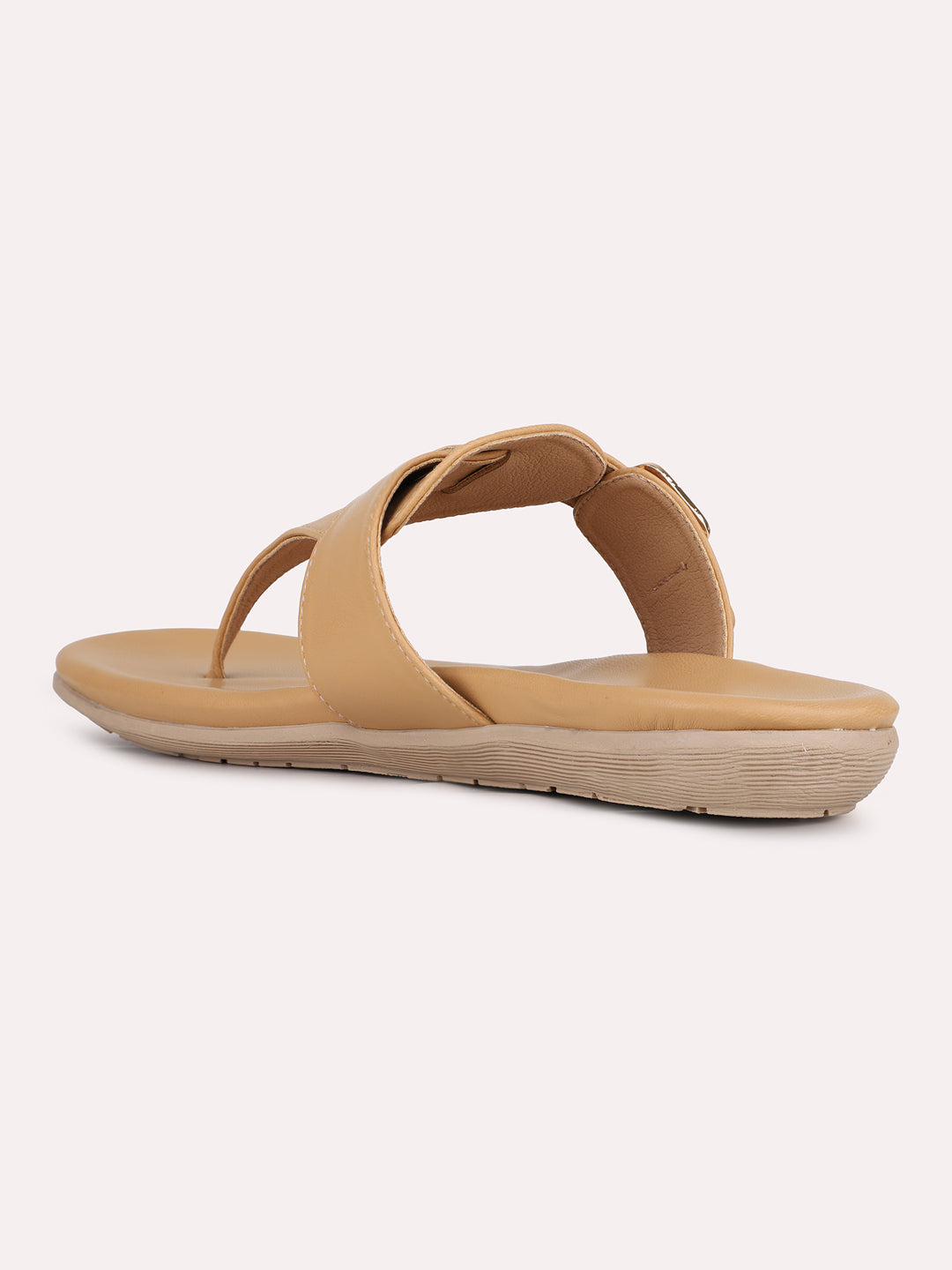 Womens Beige Solid Round Toe Casual Flat Slip-on Sandals