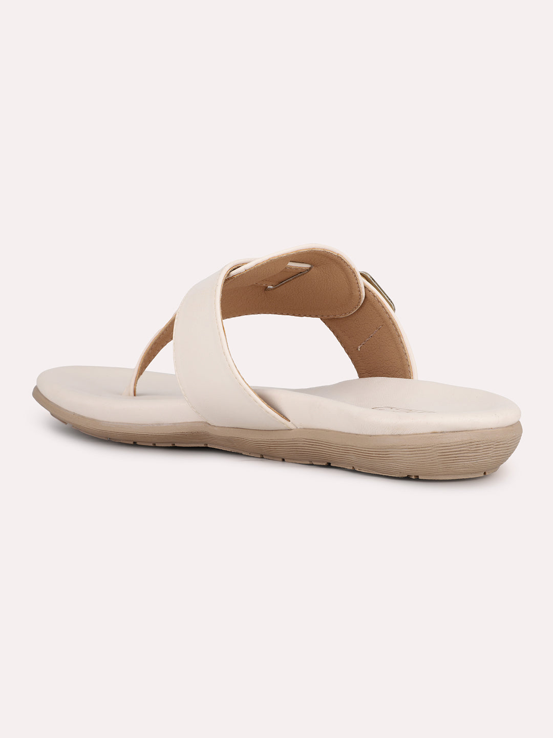 Womens Cream Solid Round Toe Casual Flat Slip-on Sandals