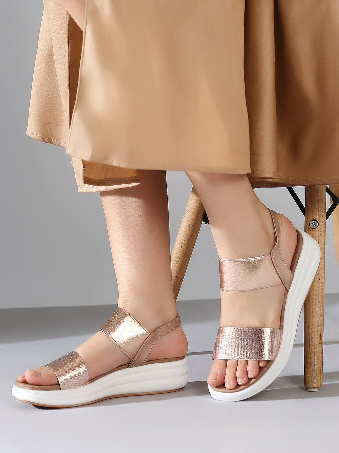 Womens Rose Gold Party Wear Solid Round Toe Wedge Heels