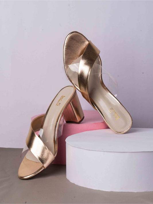 Womens Rose Gold Party Wear Transparent Round Toe Heels