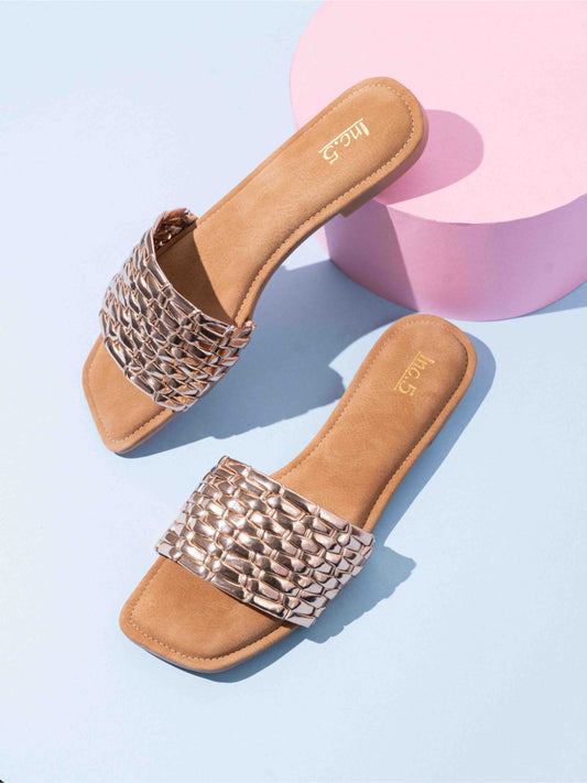 Womens Rose Gold Casual Solid Square Flats