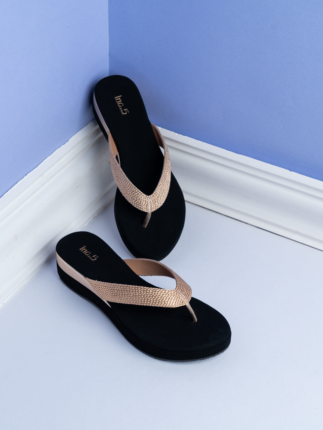 Womens Rose Gold Party Wear Embellished Round Toe Wedge Heel Sandals