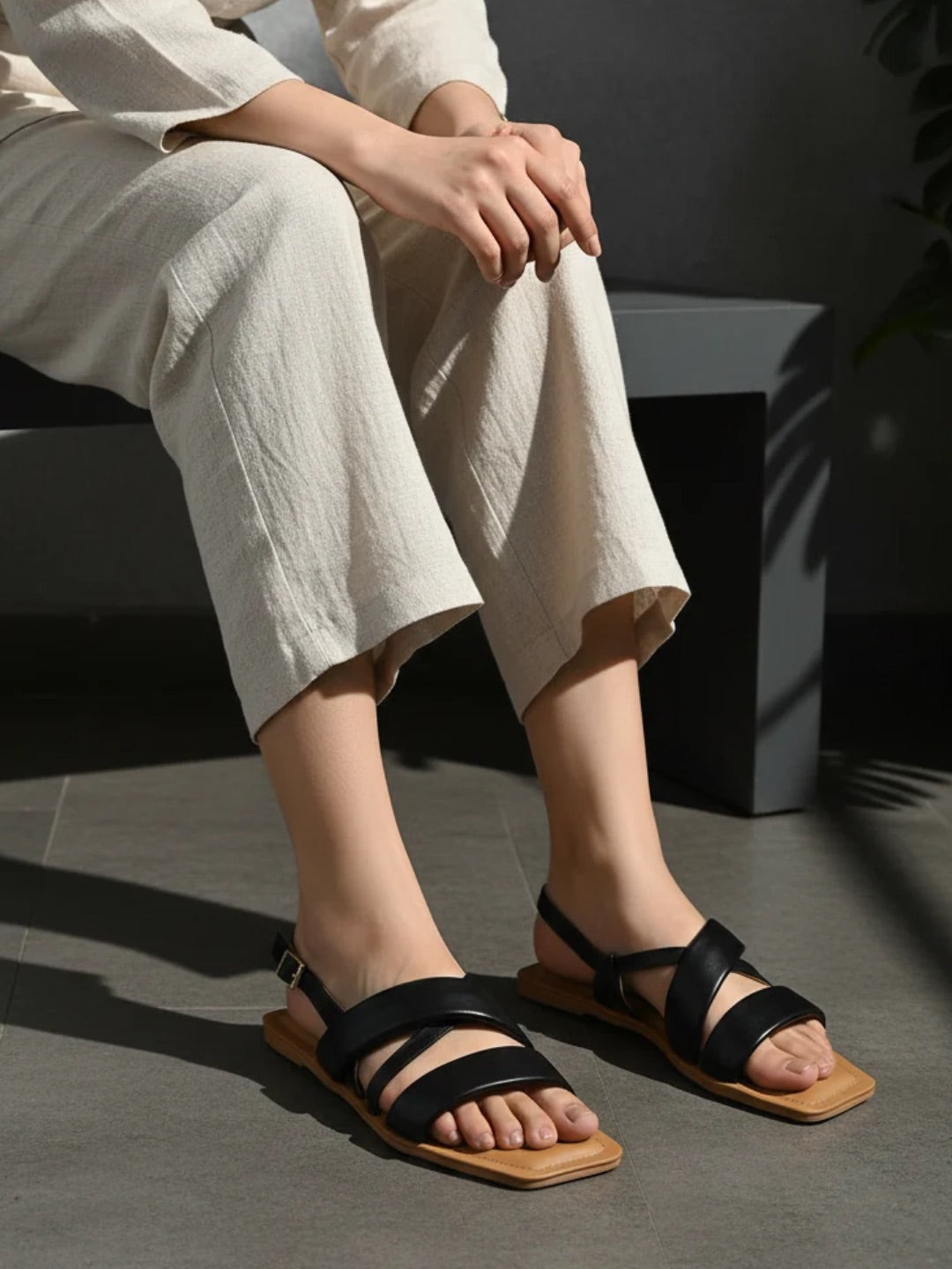 Womens Black Casual Striped Open Toe Flats