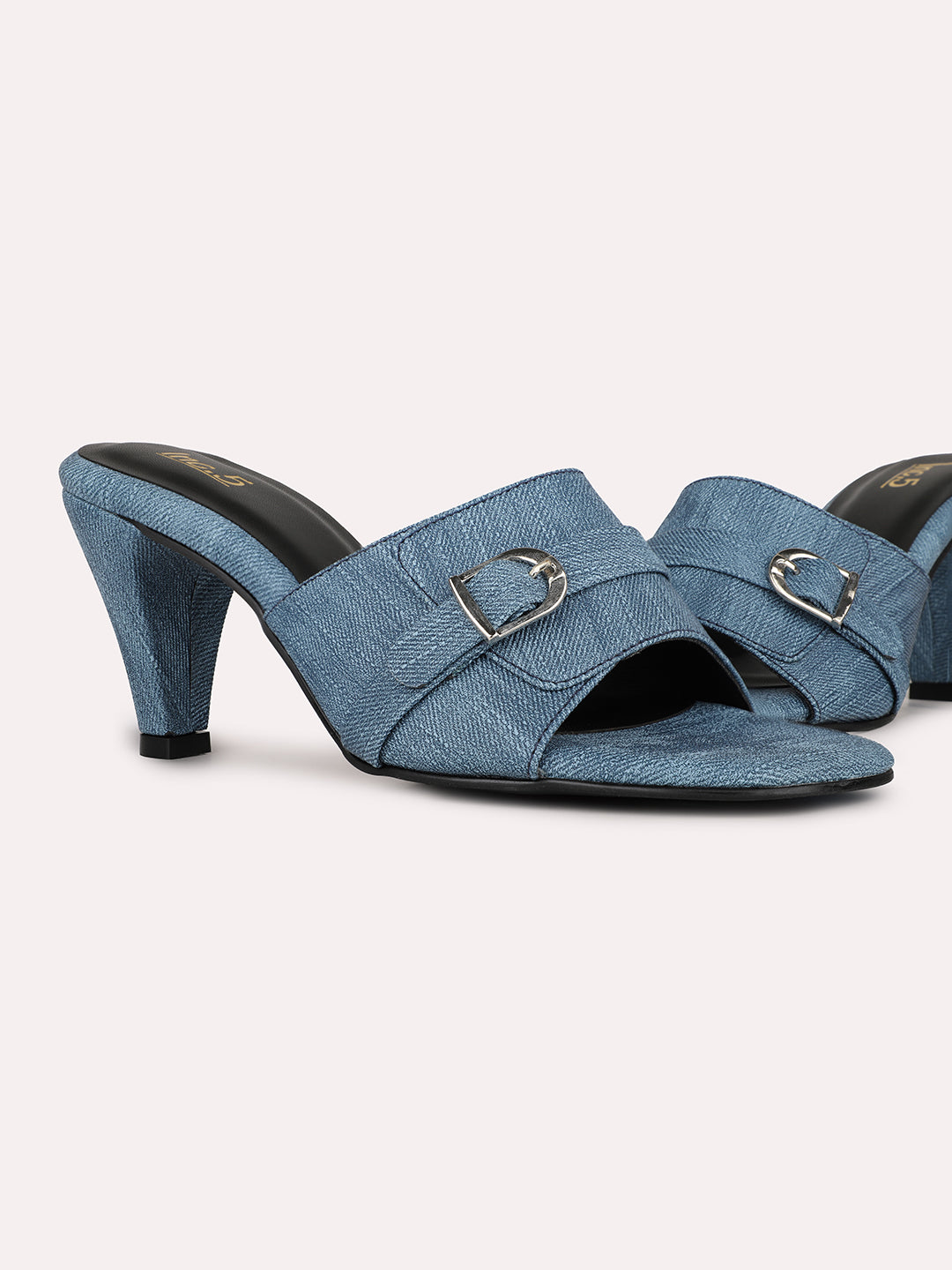 Womens Navy Printed Square Toe Party Wear Heel Mules