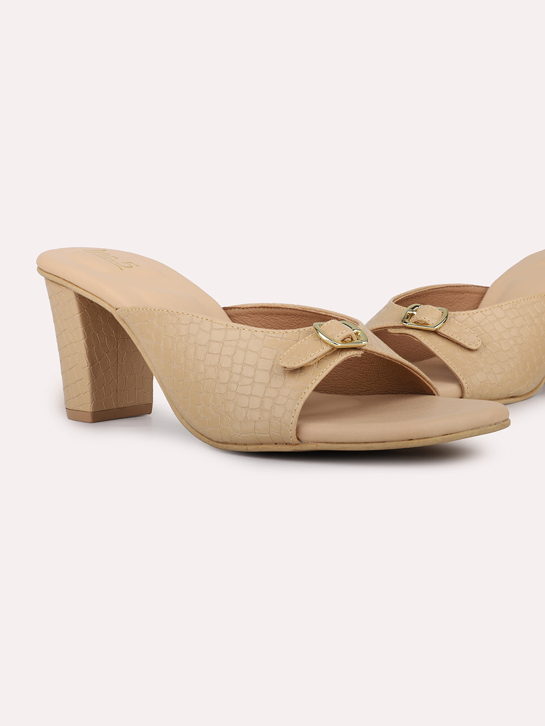 Womens Beige Party Wear Solid Square Toe Mules