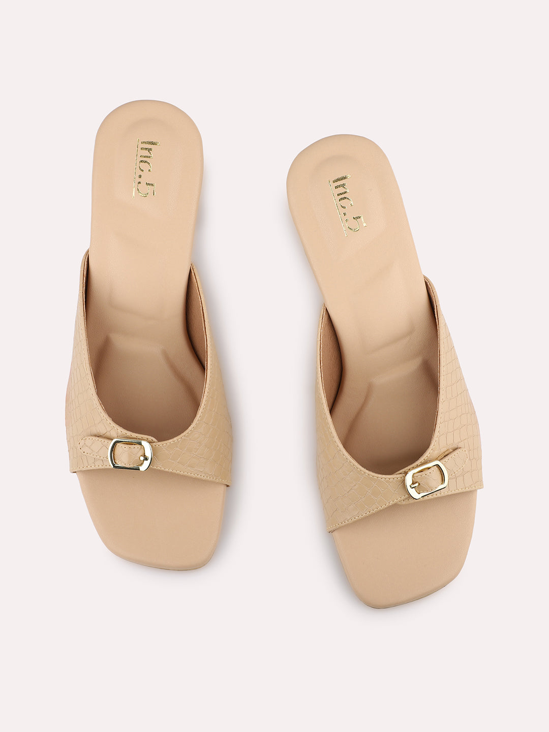 Womens Beige Party Wear Solid Square Toe Mules