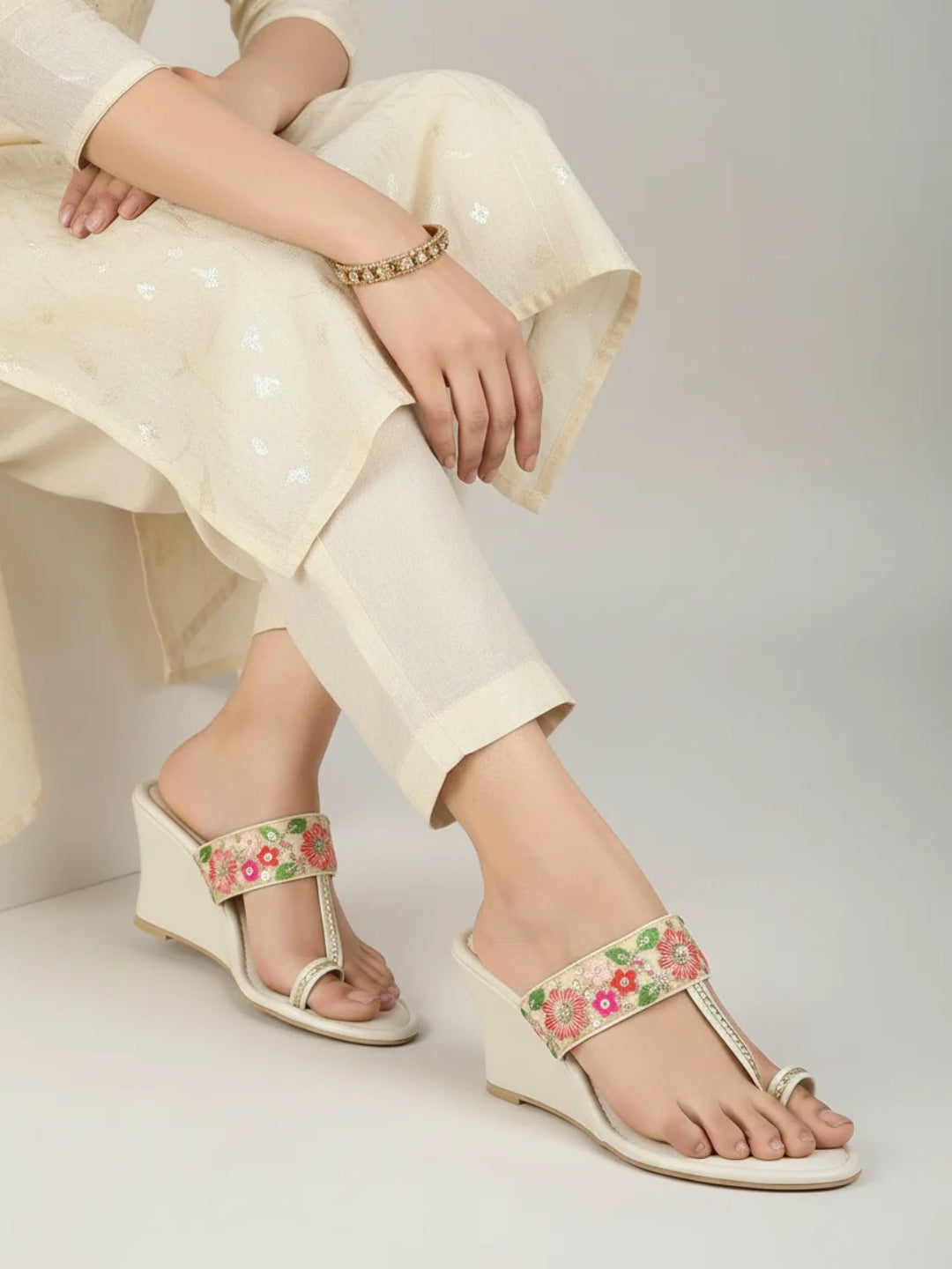 Womens Cream Ethnic Embellished Wedge Heels With Thong