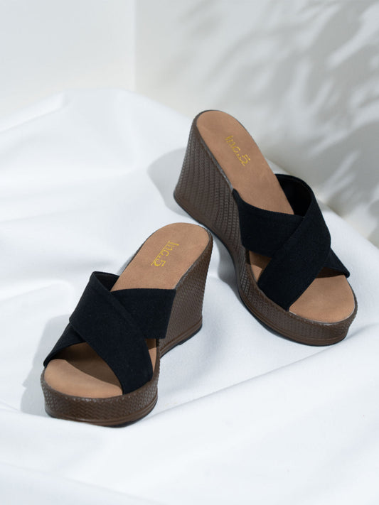 Womens Black Cross Strap Round Toe Wedge Mules