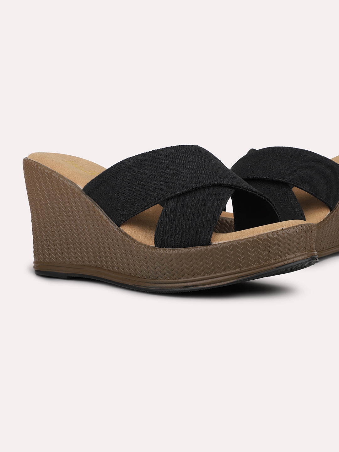 Womens Black Cross Strap Round Toe Wedge Mules