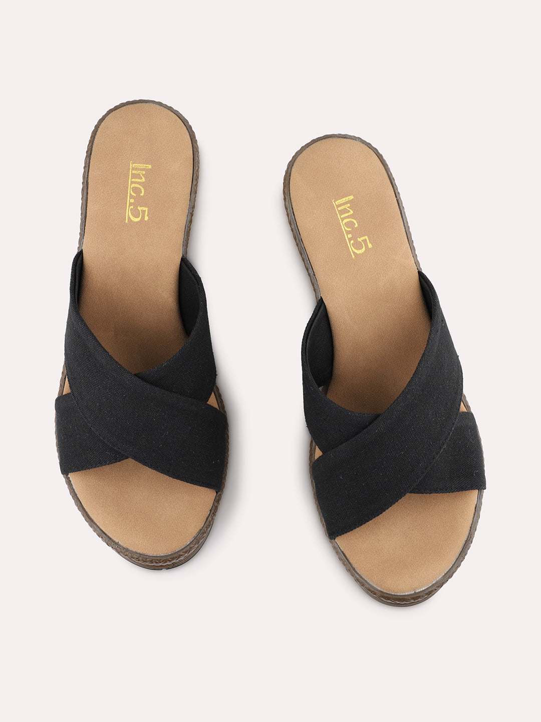 Womens Black Cross Strap Round Toe Wedge Mules