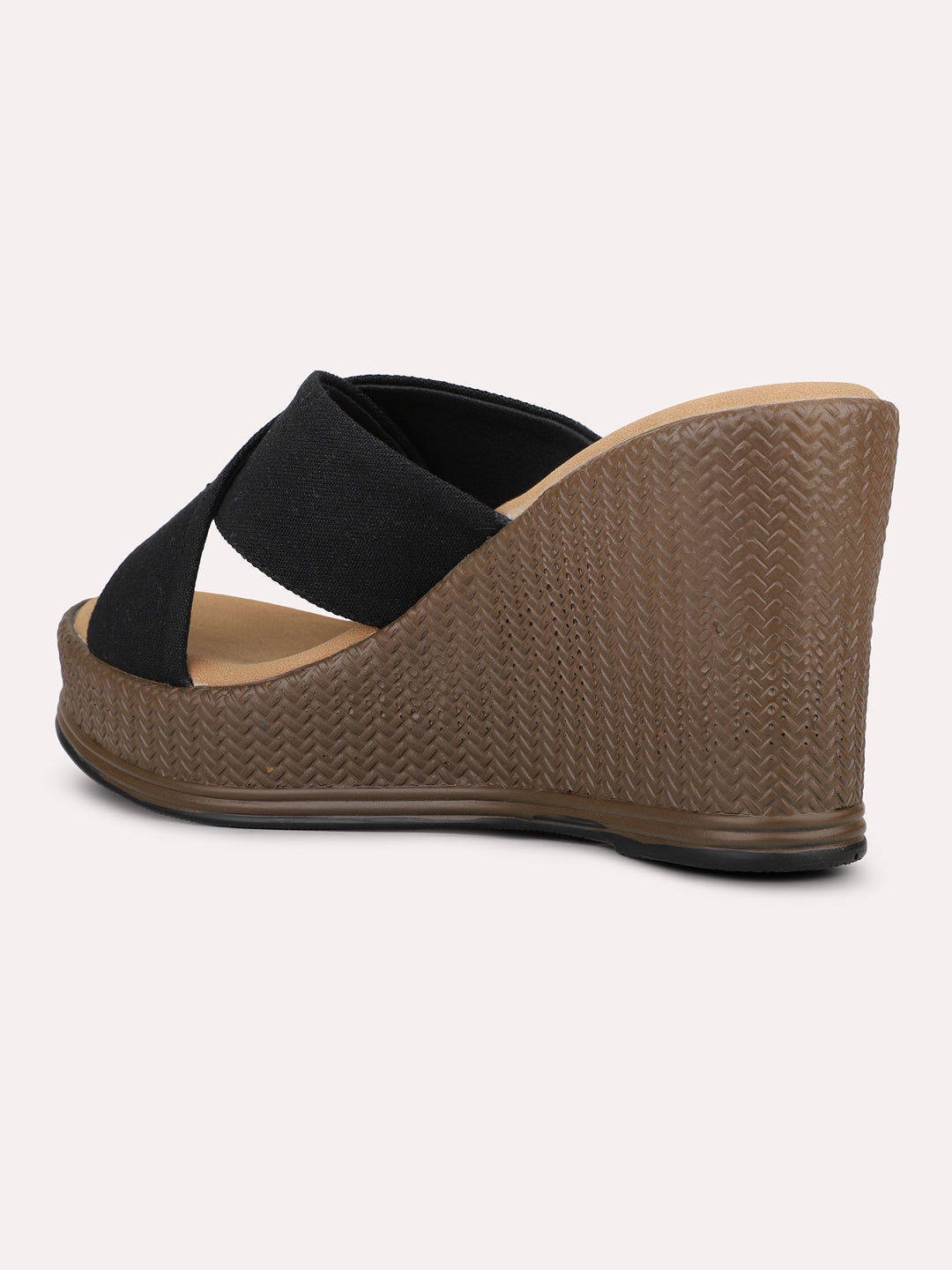 Womens Black Cross Strap Round Toe Wedge Mules