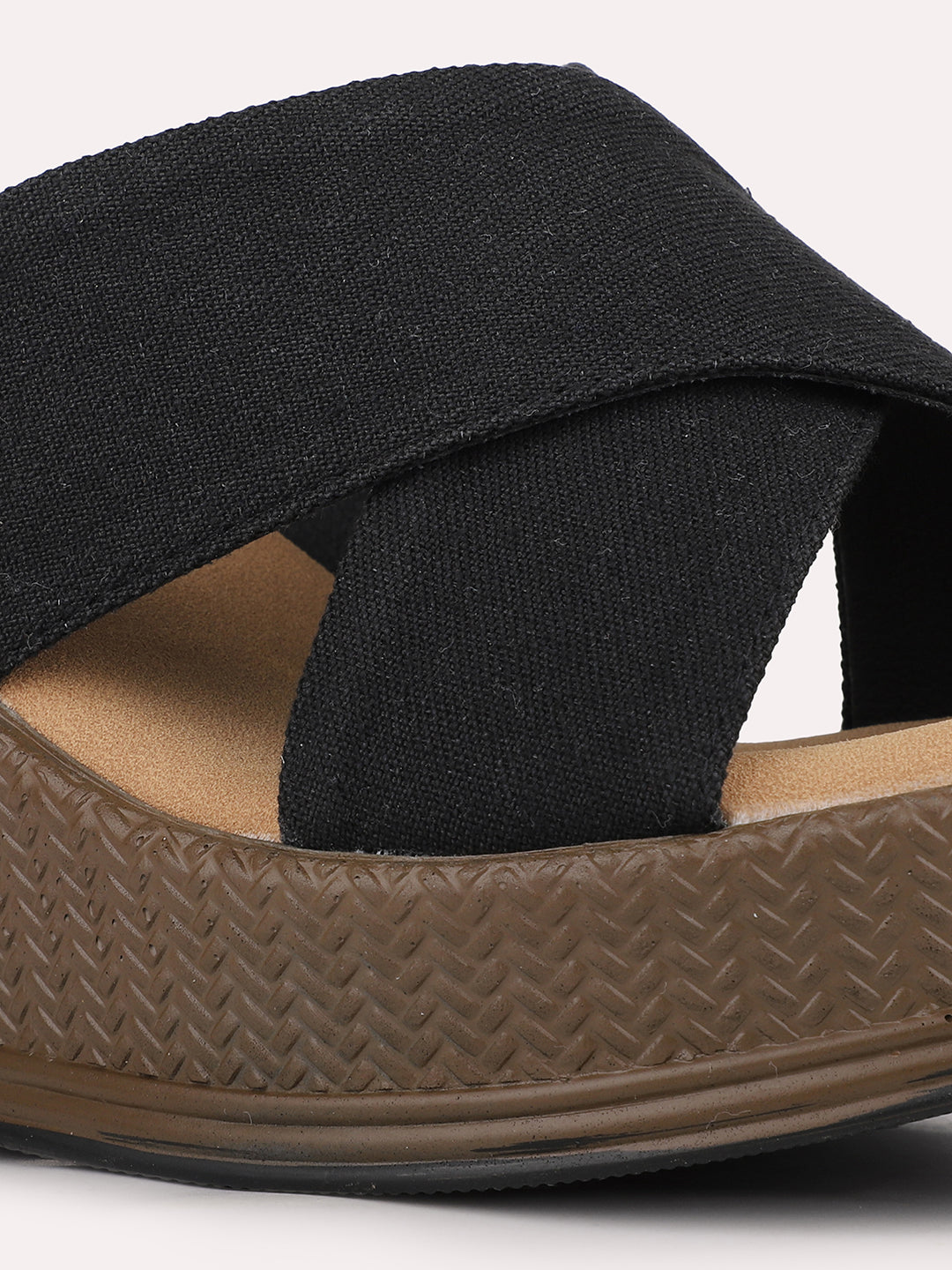 Womens Black Cross Strap Round Toe Wedge Mules