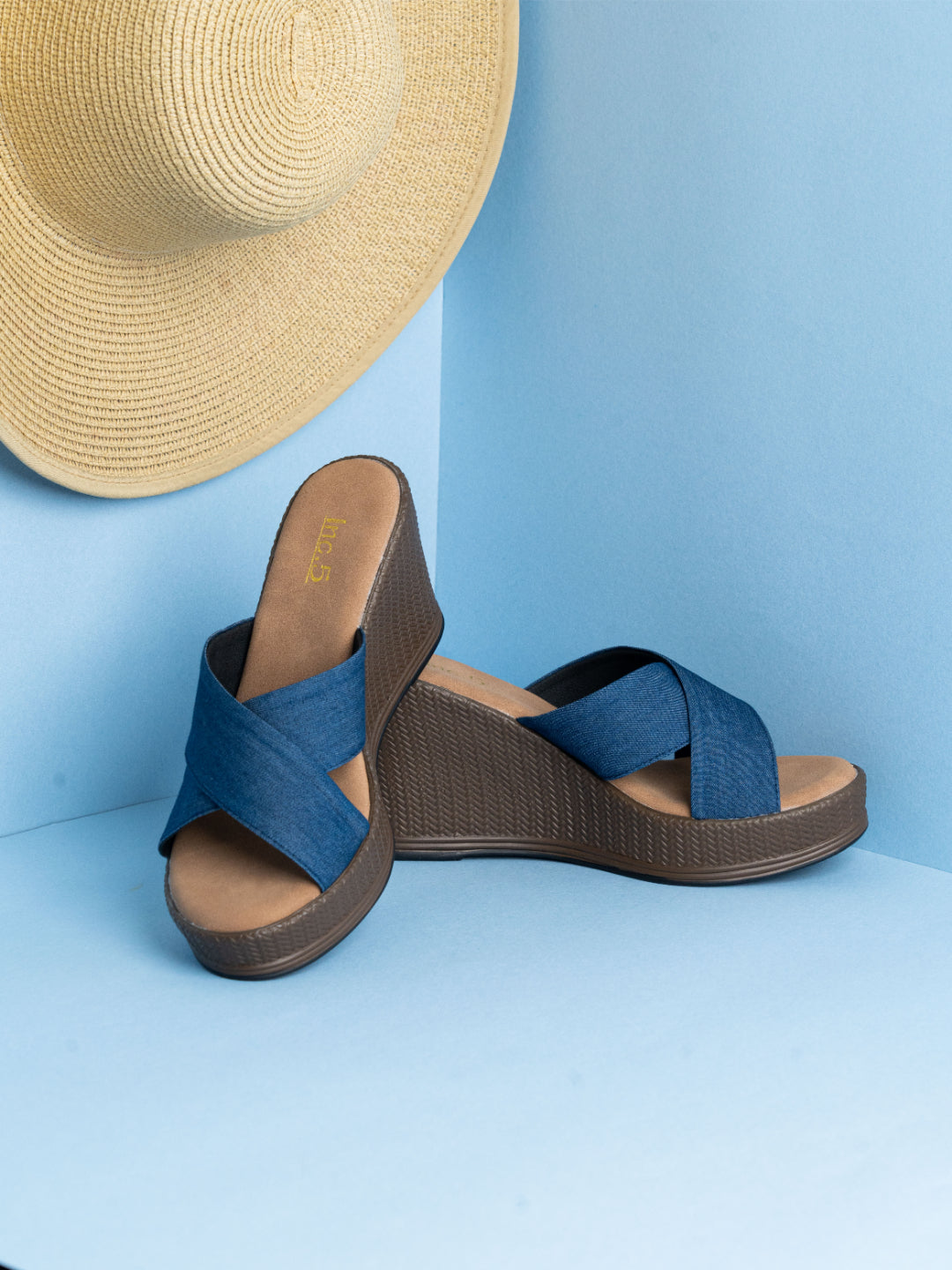 Womens Blue Cross Strap Round Toe Wedge Mules