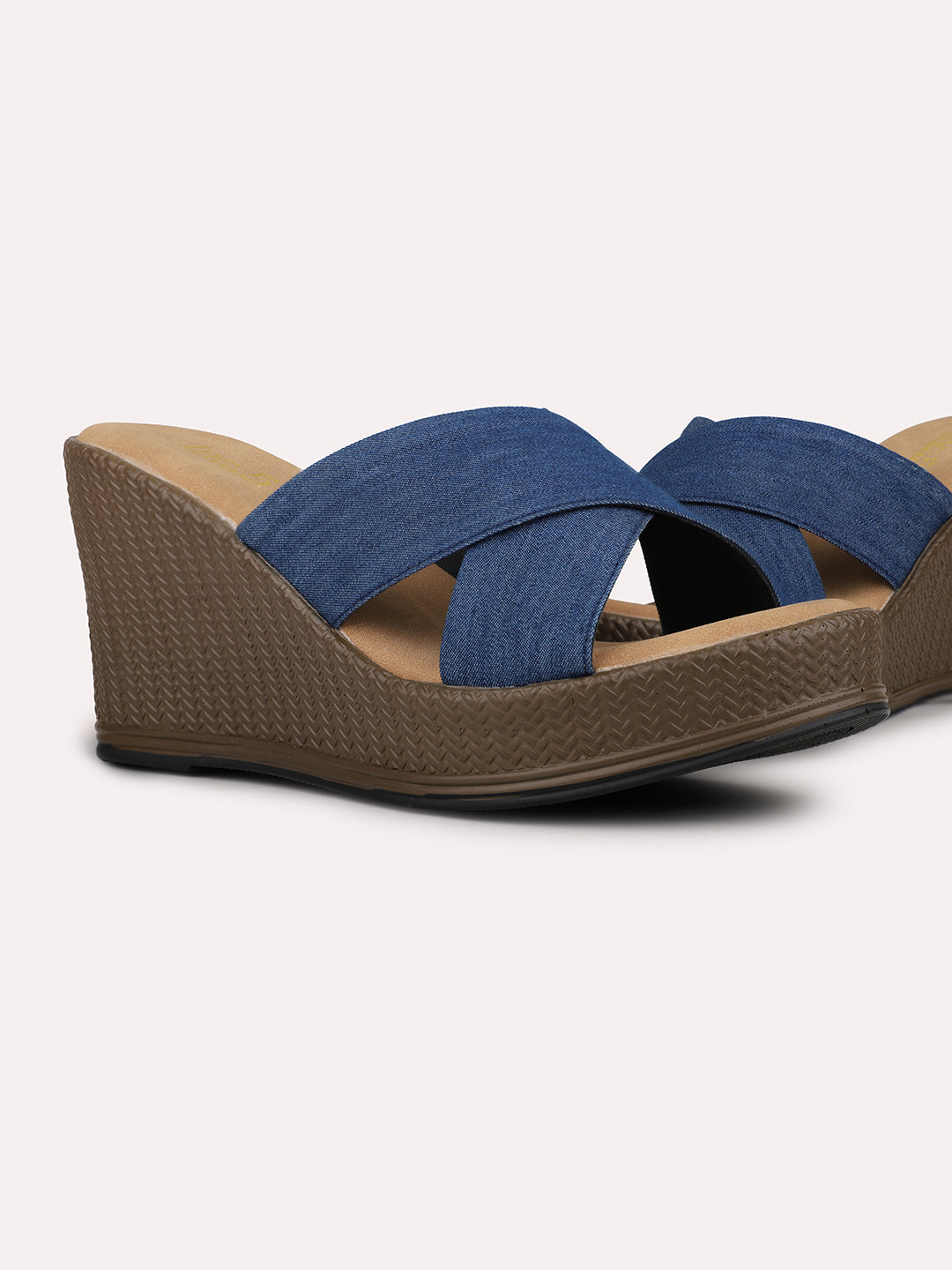 Womens Blue Cross Strap Round Toe Wedge Mules