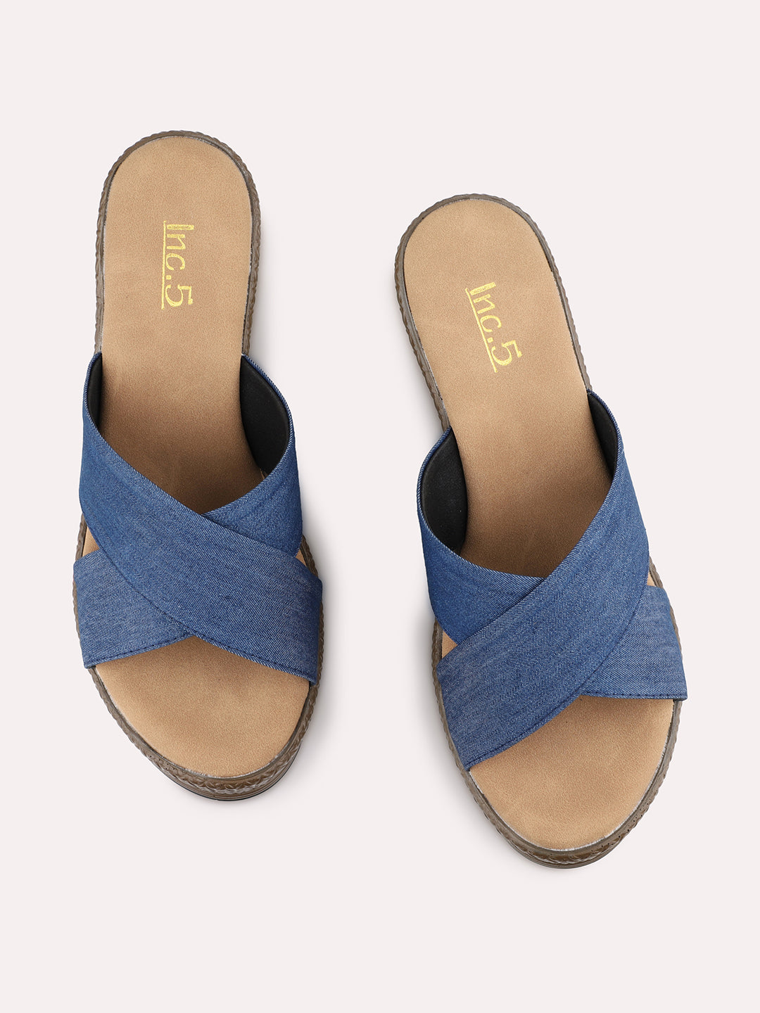 Womens Blue Cross Strap Round Toe Wedge Mules