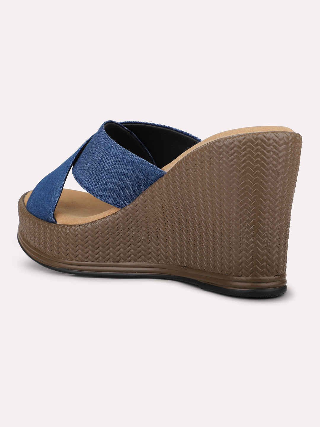 Womens Blue Cross Strap Round Toe Wedge Mules