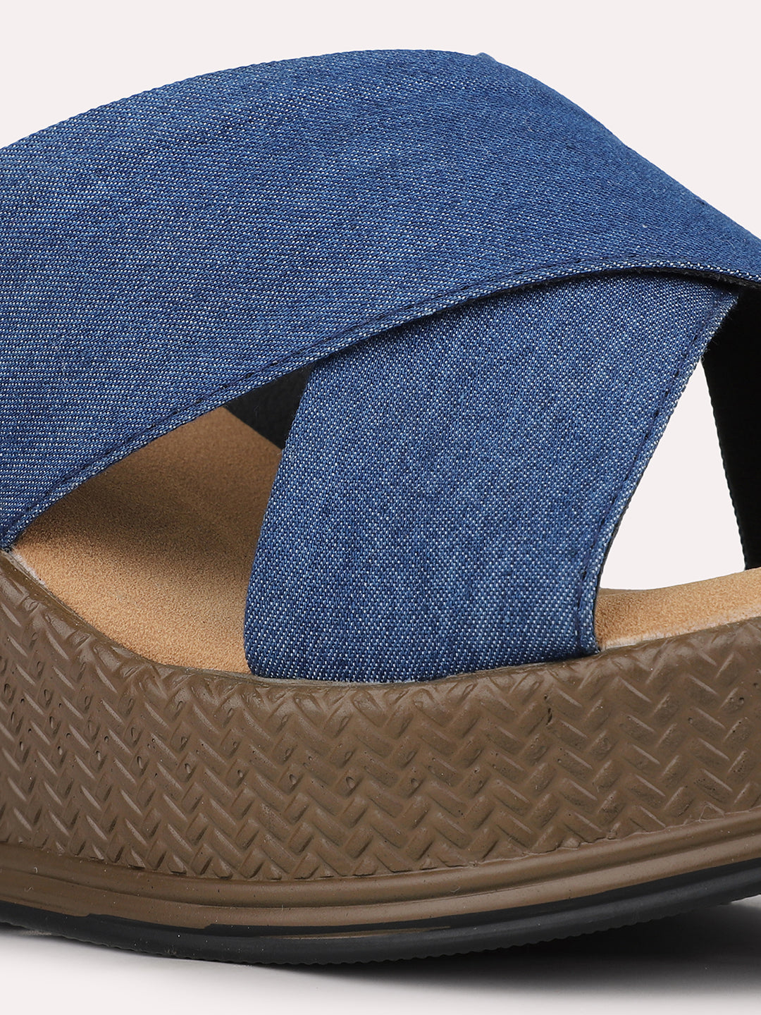 Womens Blue Cross Strap Round Toe Wedge Mules