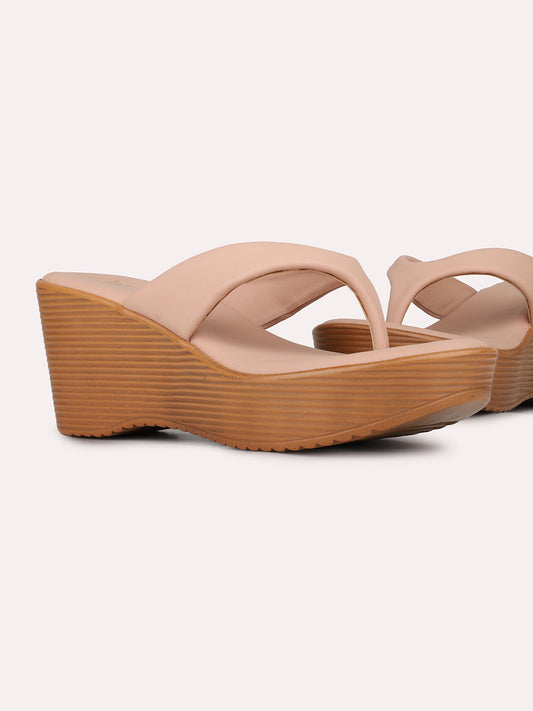 Womens Peach Solid Round Toe Party Wear Wedge Heels Sandals