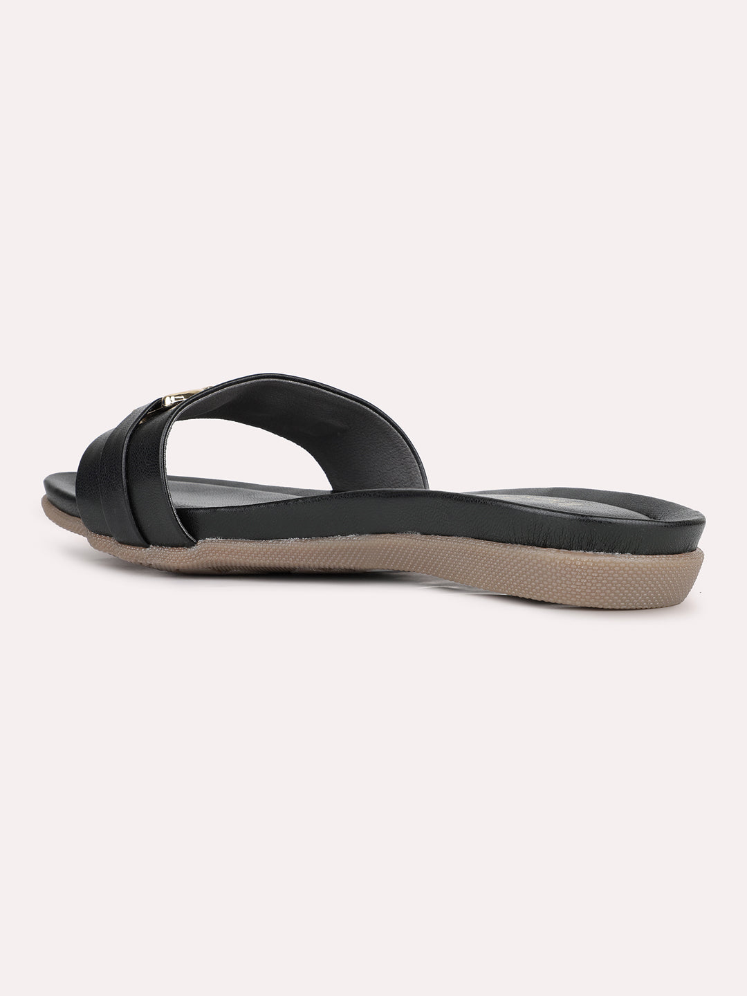 Womens Black Solid Round Toe Casual Flat Slip-on Sandals