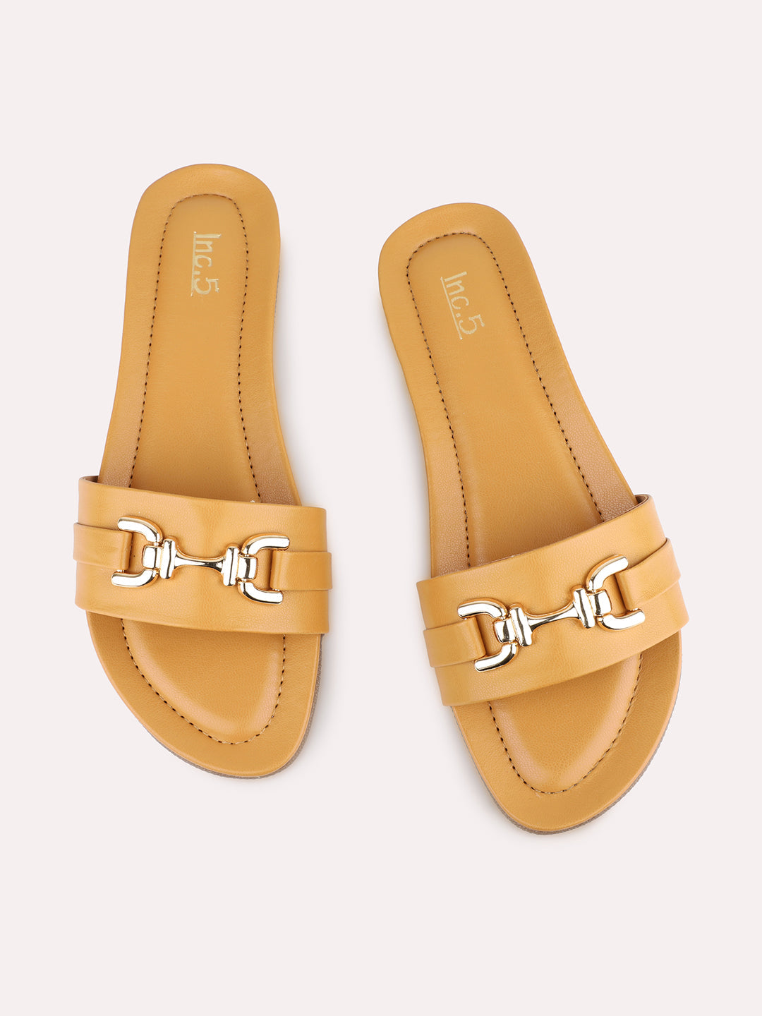 Womens Mustard Solid Round Toe Casual Flat Slip-on Sandals